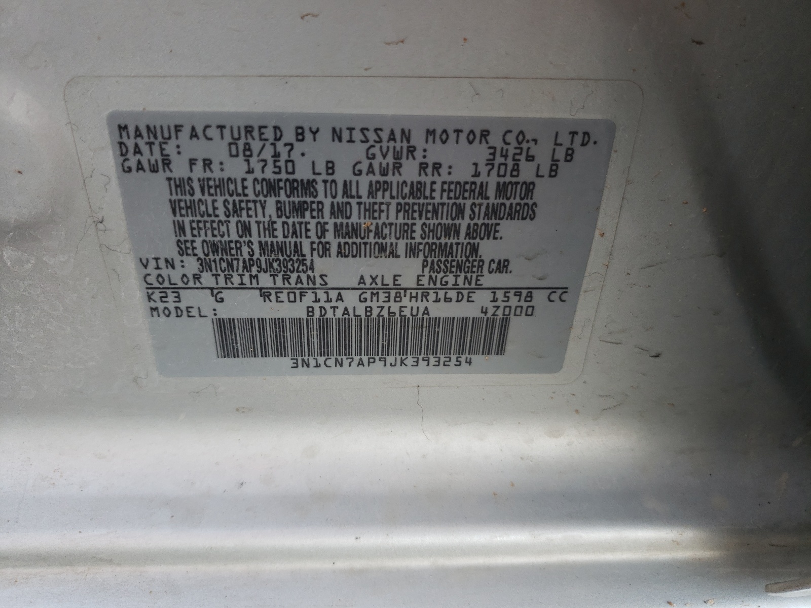 Photo 10 from auction – 2018 NISSAN VERSA S with VIN 3N1CN7AP9JK393254