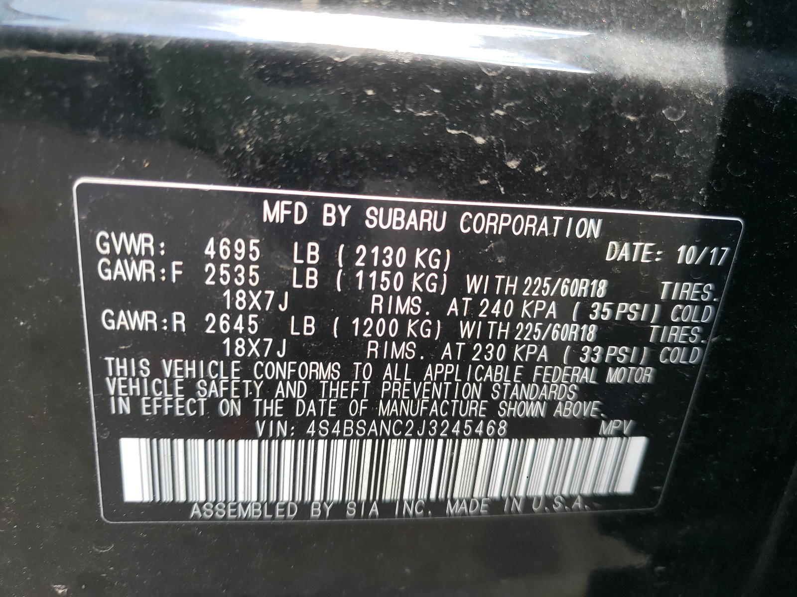 Photo 10 from auction – 2018 SUBARU OUTBACK 2. with VIN 4S4BSANC2J3245468