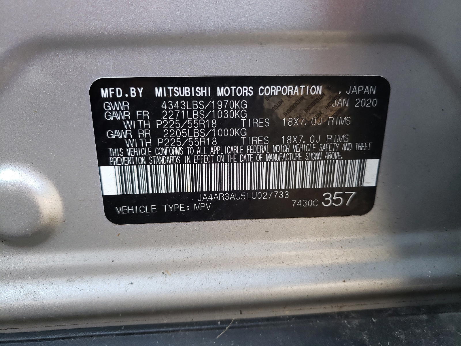 Photo 10 from auction – 2020 MITSUBISHI OUTLANDER with VIN JA4AR3AU5LU027733