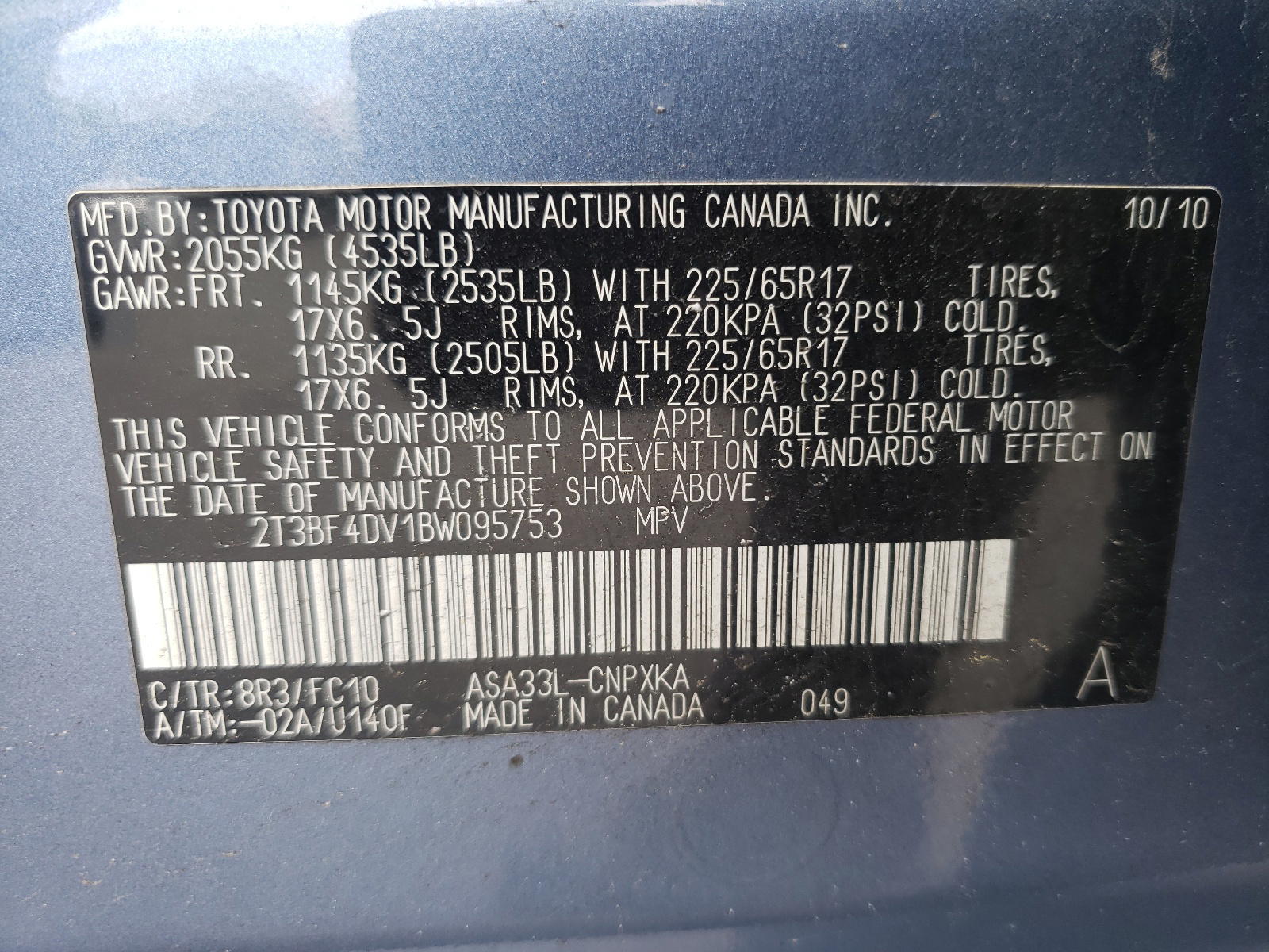 Photo 10 from auction – 2011 TOYOTA RAV4 with VIN 2T3BF4DV1BW095753