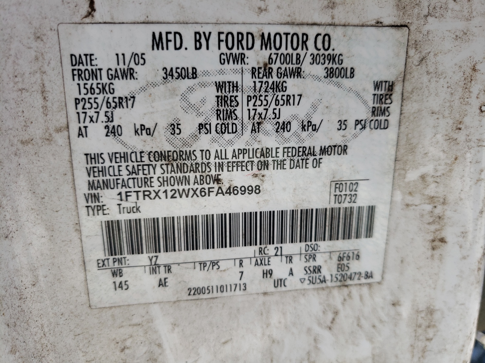 Photo 10 from auction – 2006 FORD F150 with VIN 1FTRX12WX6FA46998