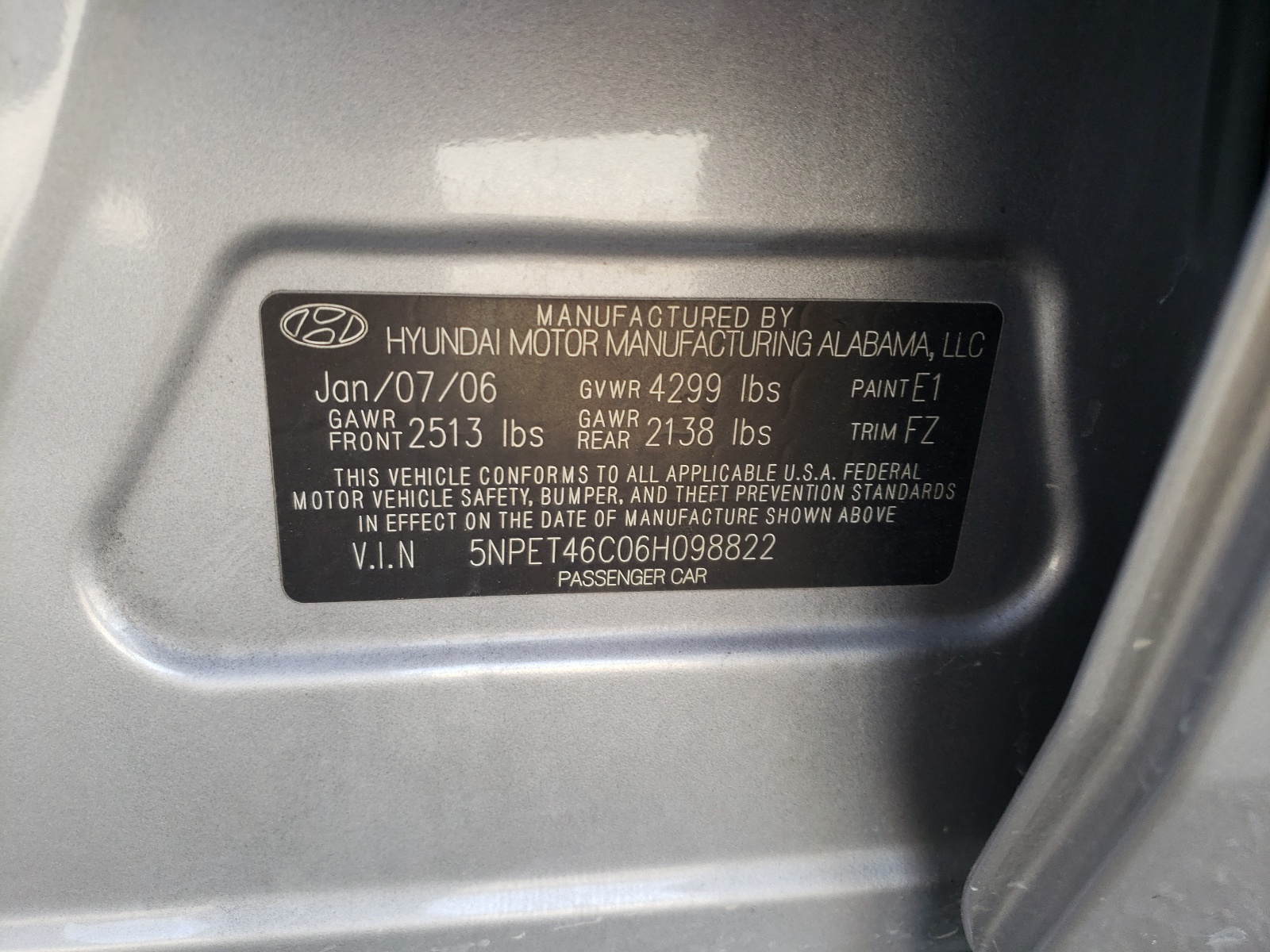 Photo 10 from auction – 2006 HYUNDAI SONATA GL with VIN 5NPET46C06H098822