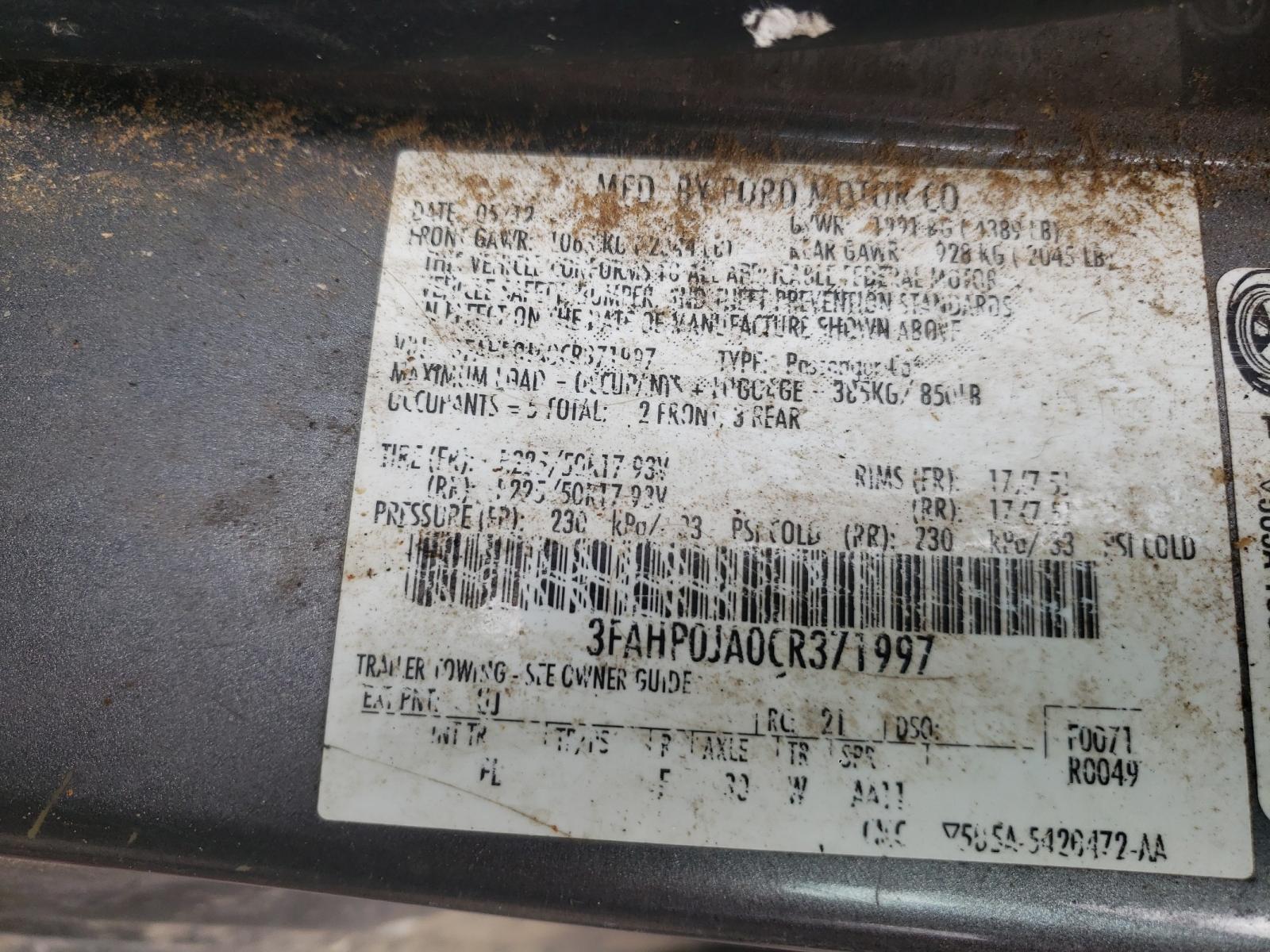 Photo 10 from auction – 2012 FORD FUSION SEL with VIN 3FAHP0JA0CR371997