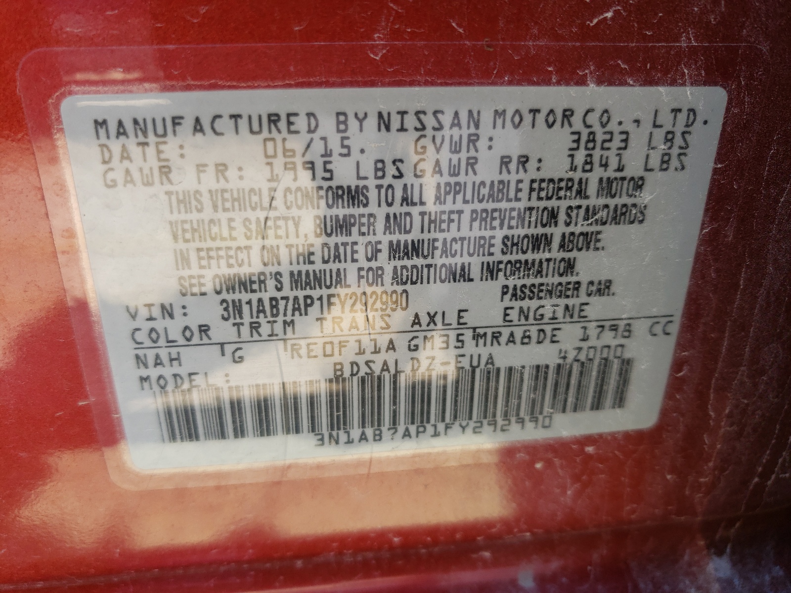 Photo 10 from auction – 2015 NISSAN SENTRA S with VIN 3N1AB7AP1FY292990