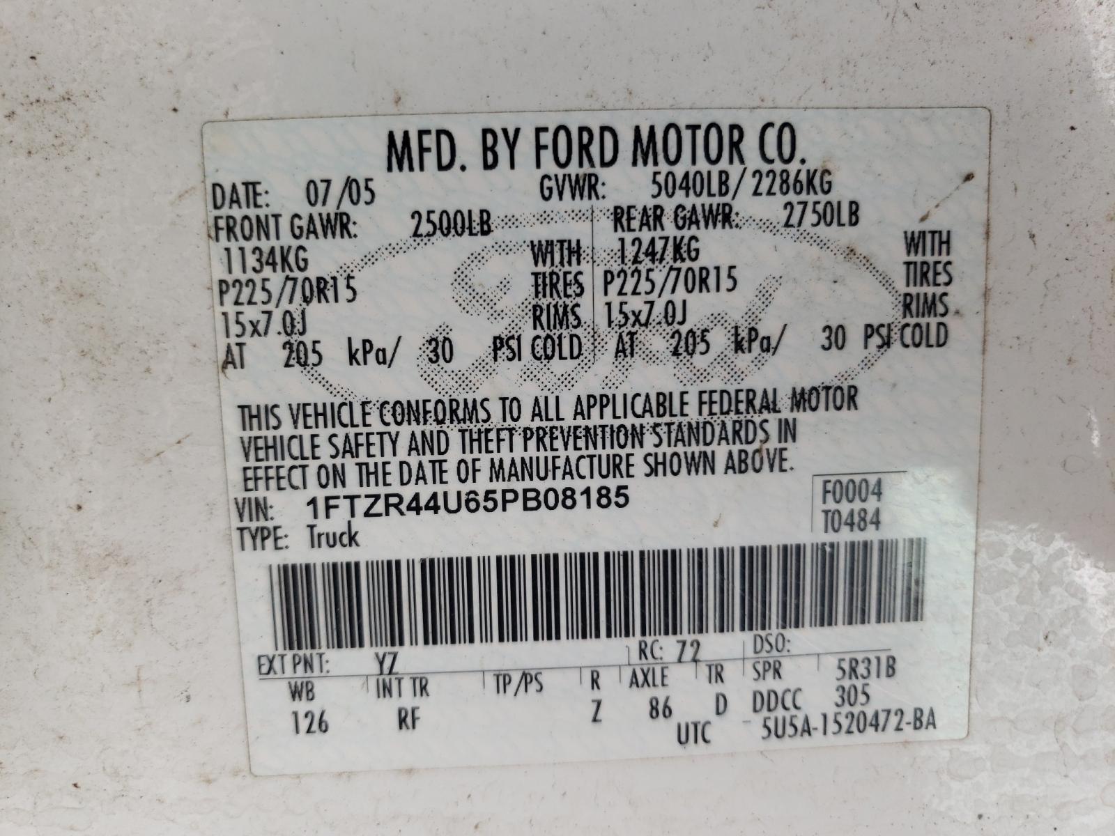 Photo 10 from auction – 2005 FORD RANGER SUP with VIN 1FTZR44U65PB08185