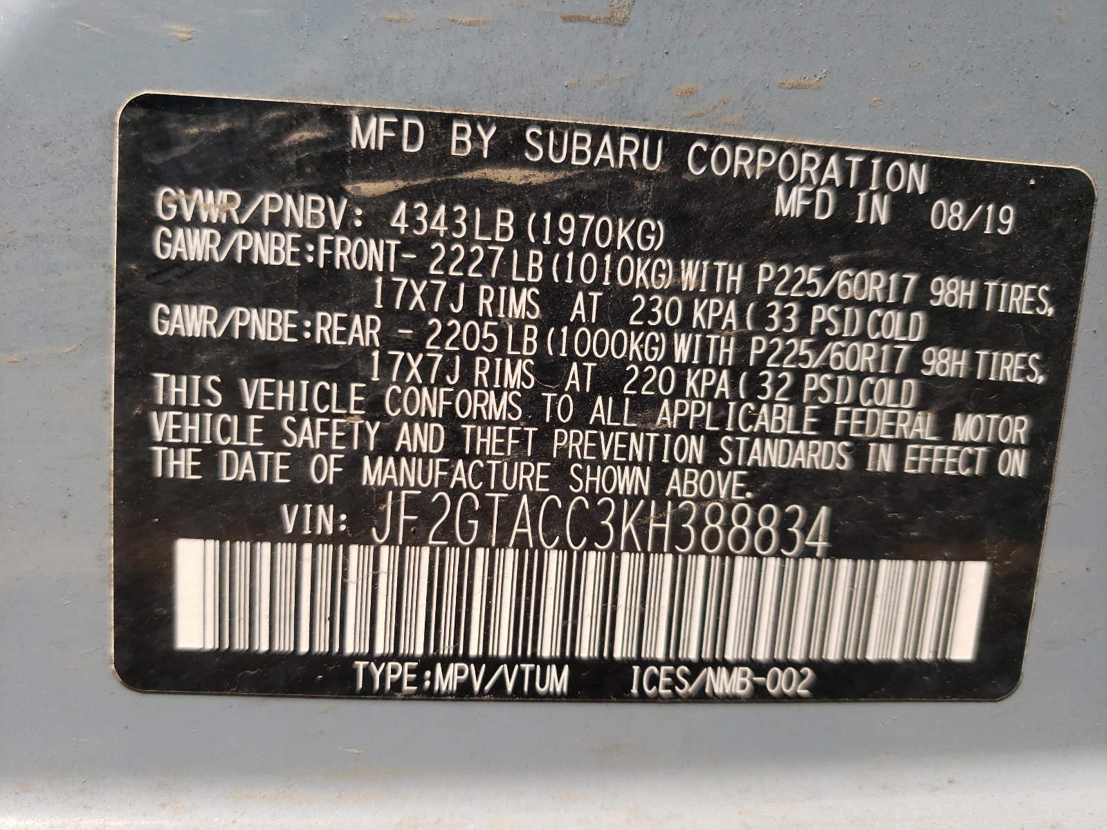 Photo 10 from auction – 2019 SUBARU CROSSTREK with VIN JF2GTACC3KH388834