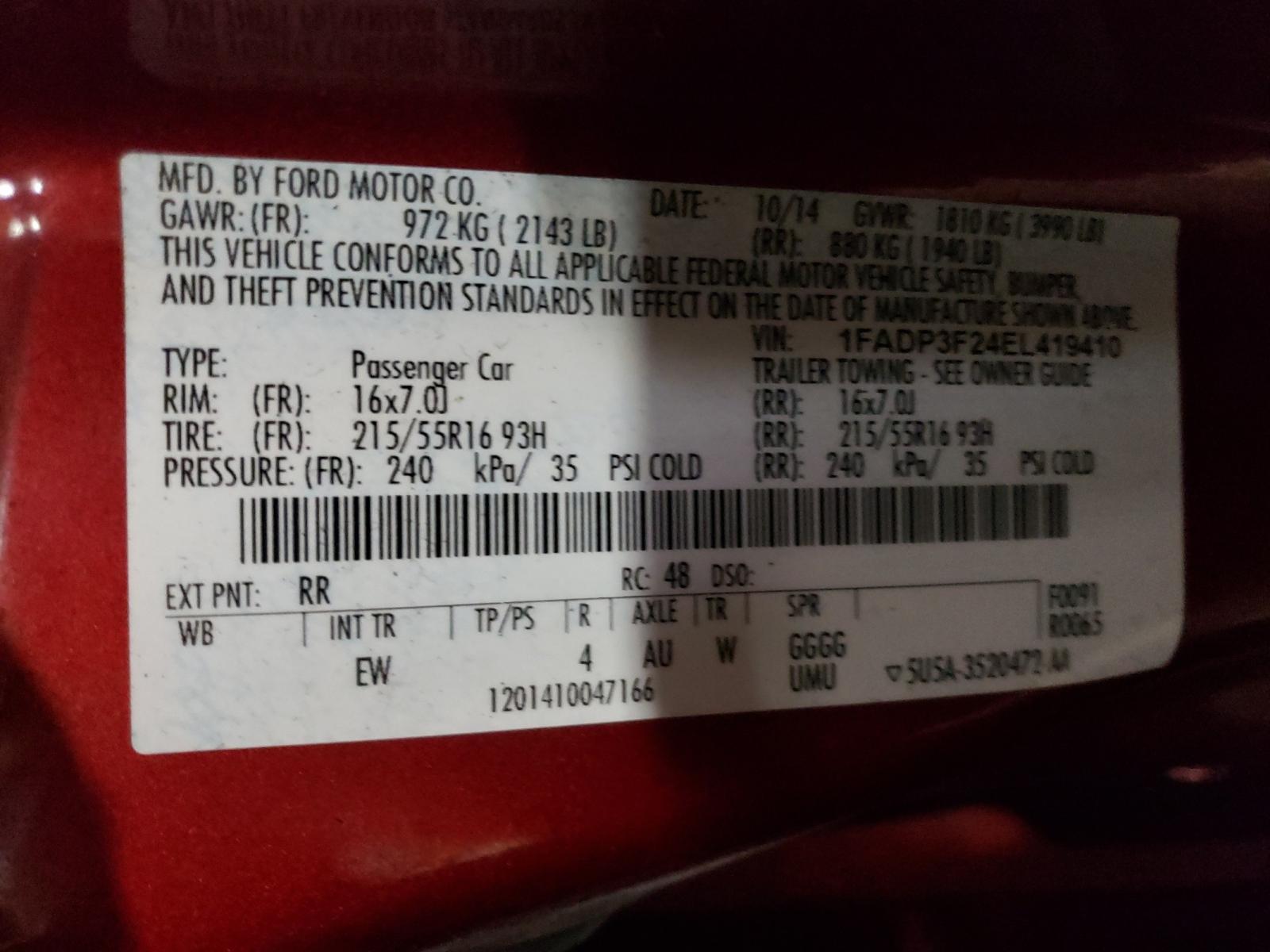 Photo 10 from auction – 2014 FORD FOCUS SE with VIN 1FADP3F24EL419410