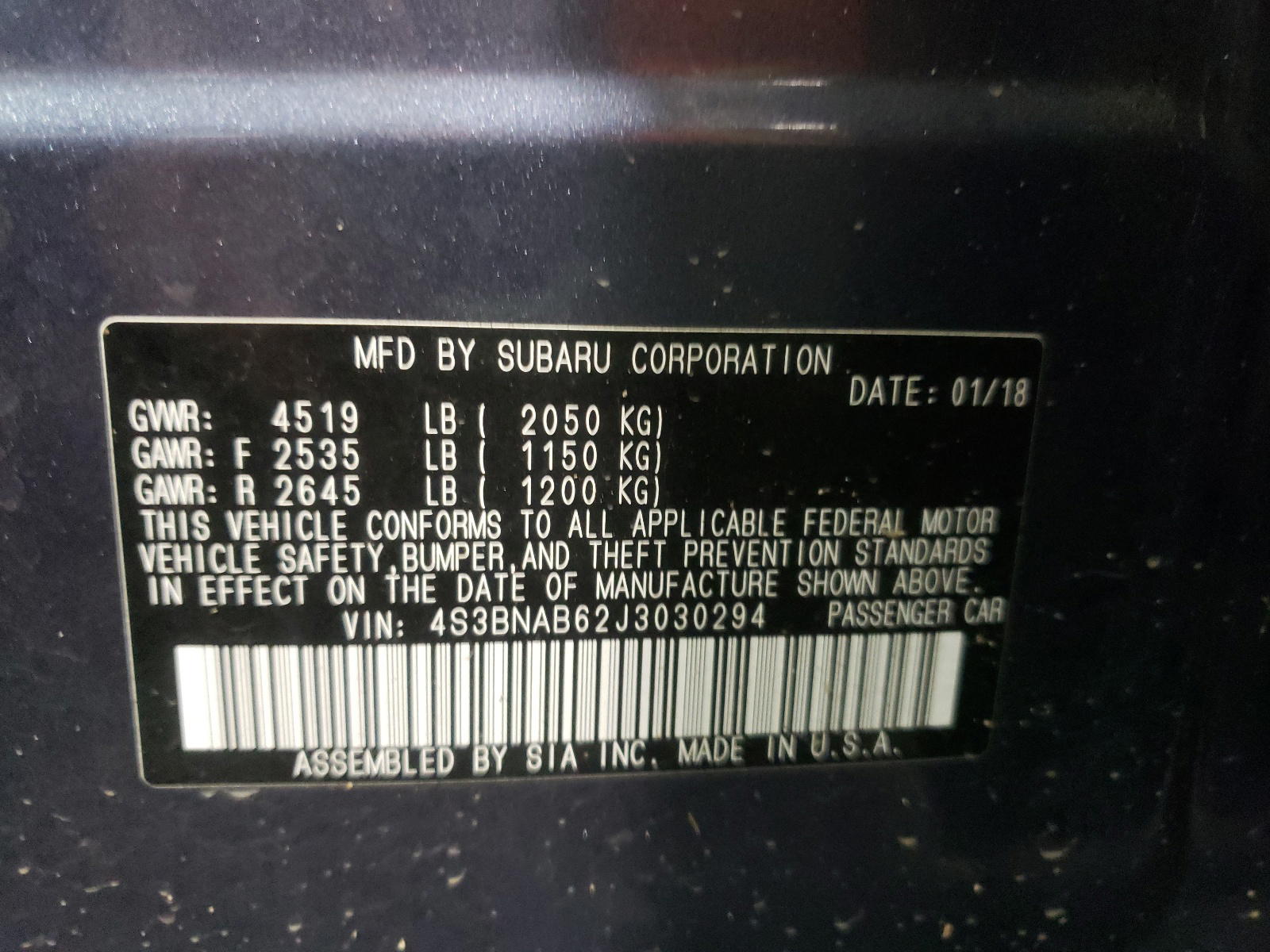 Photo 10 from auction – 2018 SUBARU LEGACY 2.5 with VIN 4S3BNAB62J3030294
