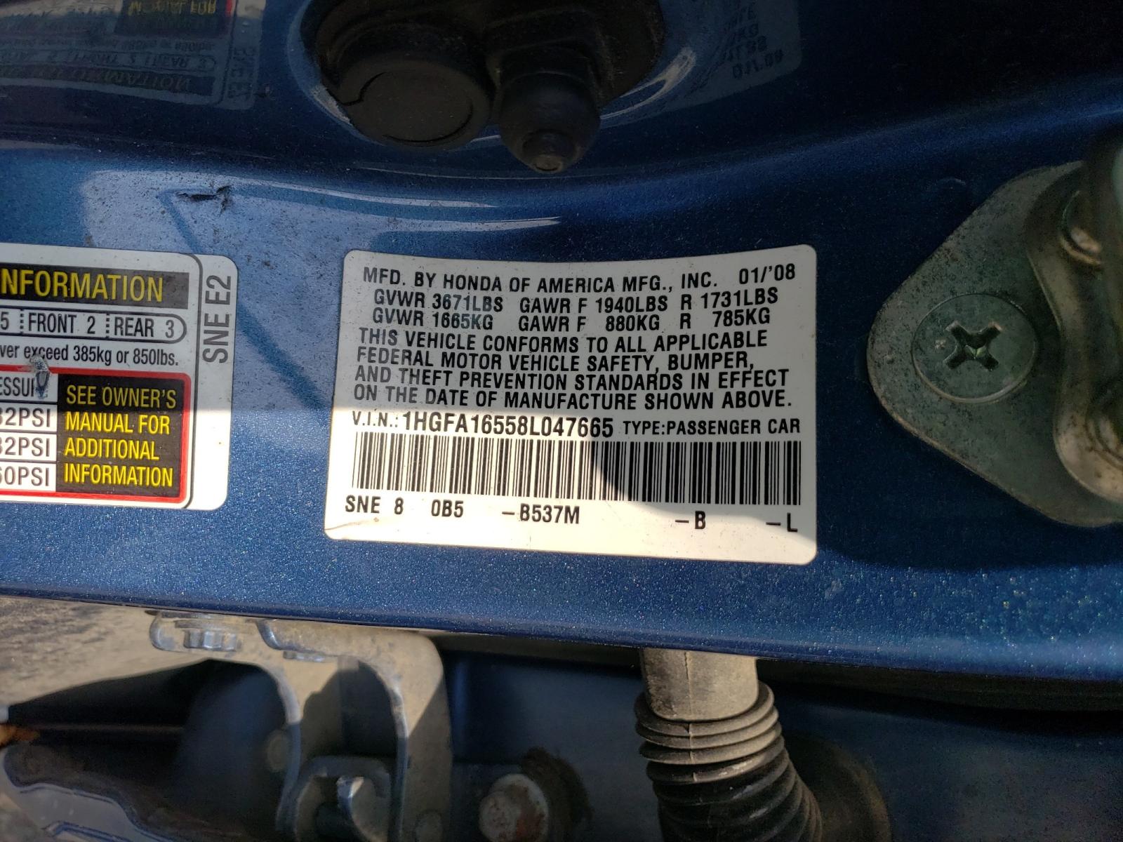 Photo 10 from auction – 2008 HONDA CIVIC LX with VIN 1HGFA16558L047665
