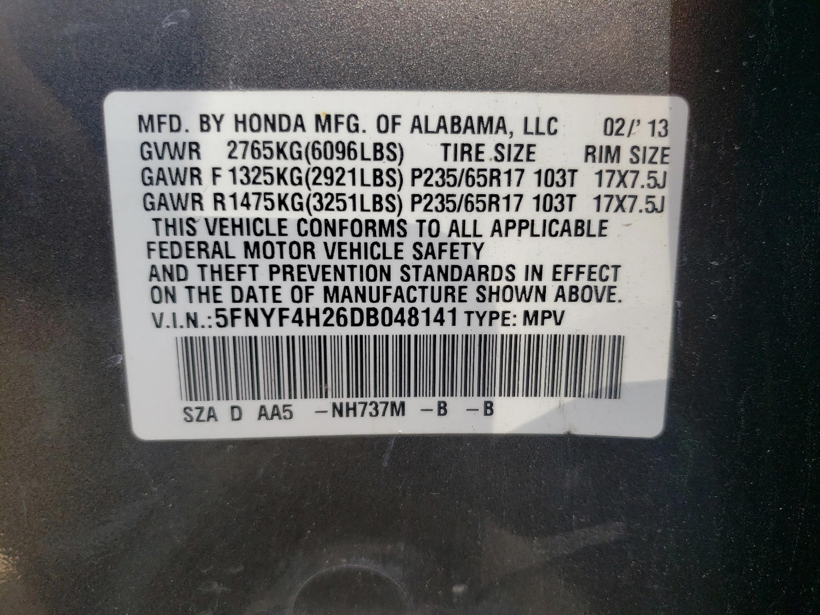 Photo 10 from auction – 2013 HONDA PILOT LX with VIN 5FNYF4H26DB048141