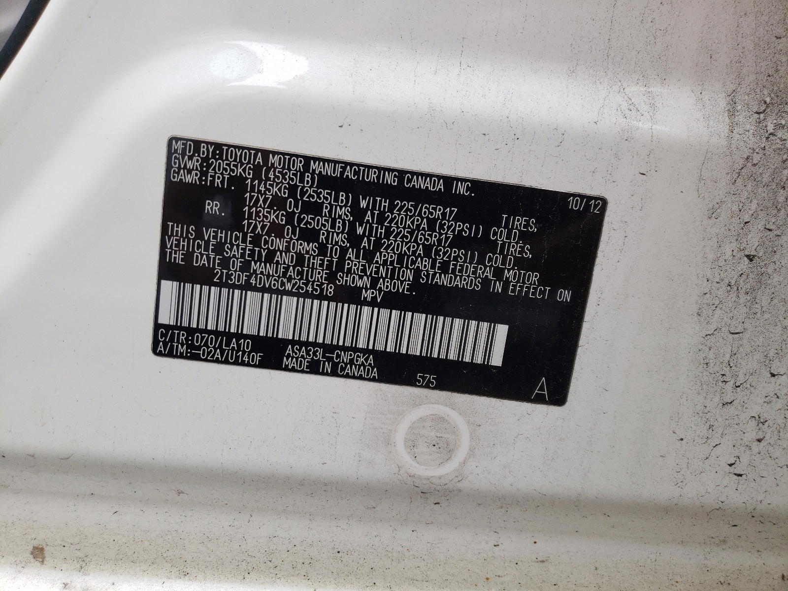 Photo 10 from auction – 2012 TOYOTA RAV4 LIMIT with VIN 2T3DF4DV6CW254518