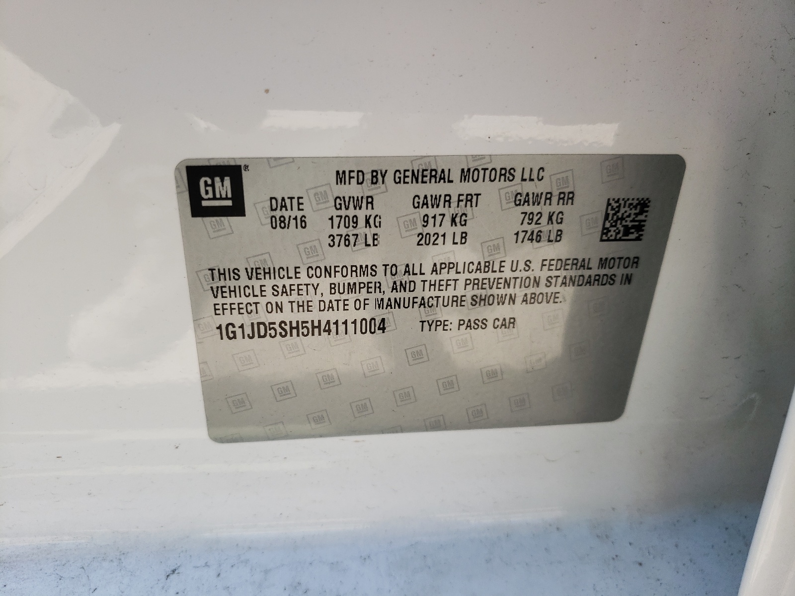 Photo 10 from auction – 2017 CHEVROLET SONIC LT with VIN 1G1JD5SH5H4111004