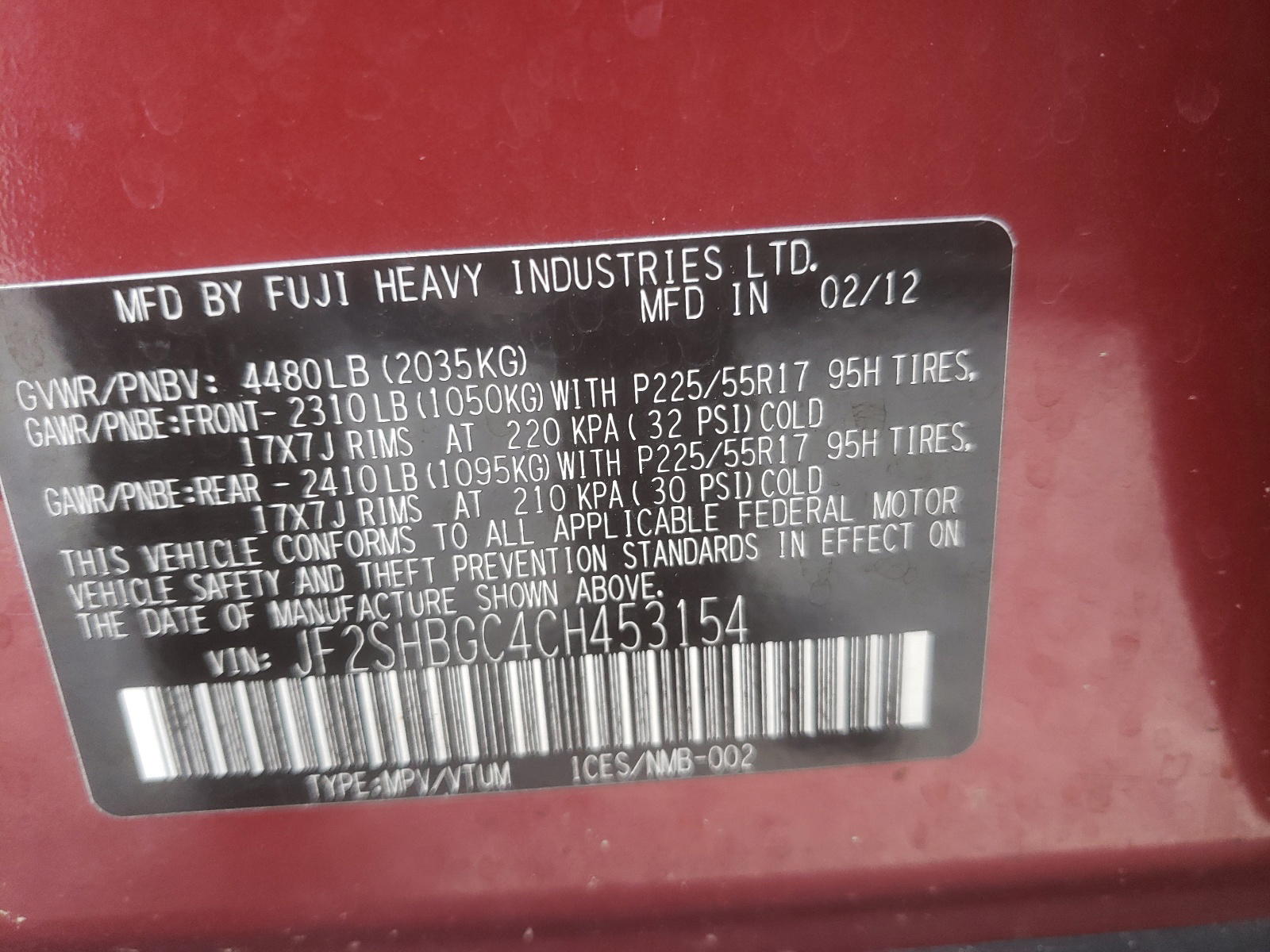 Photo 10 from auction – 2012 SUBARU FORESTER with VIN JF2SHBGC4CH453154