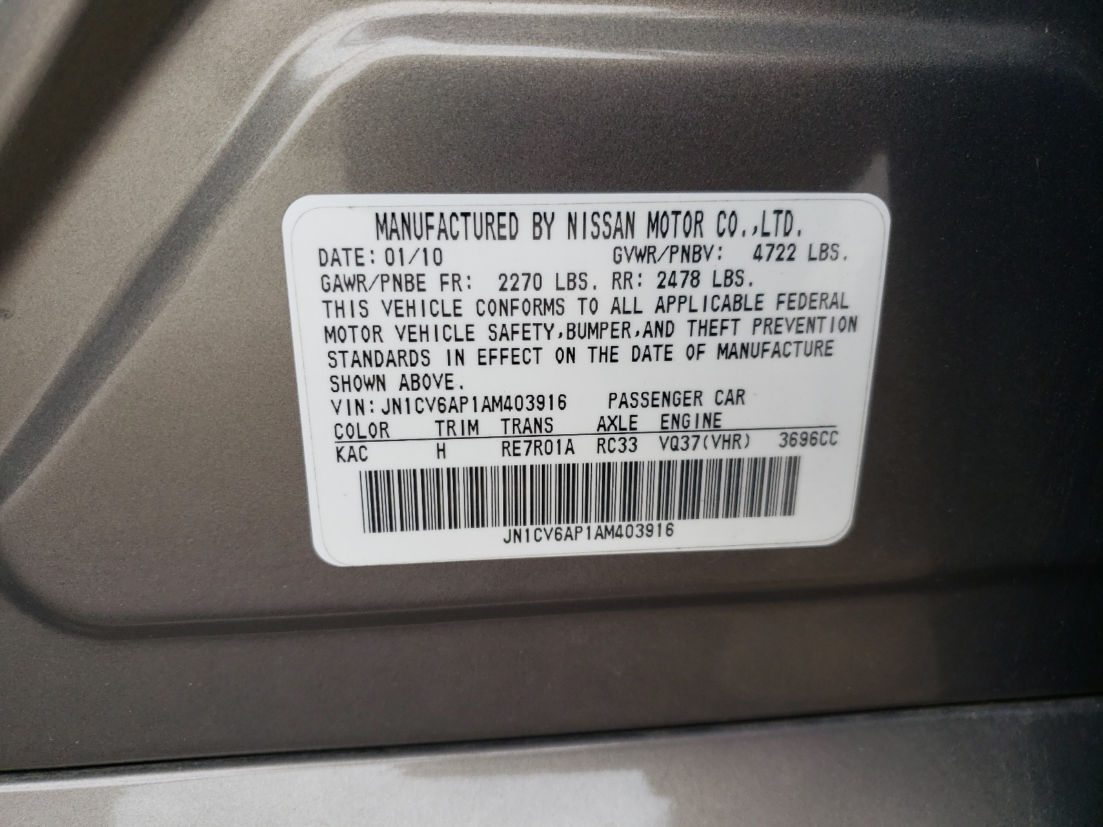 Photo 10 from auction – 2010 INFINITI G37 BASE with VIN JN1CV6AP1AM403916