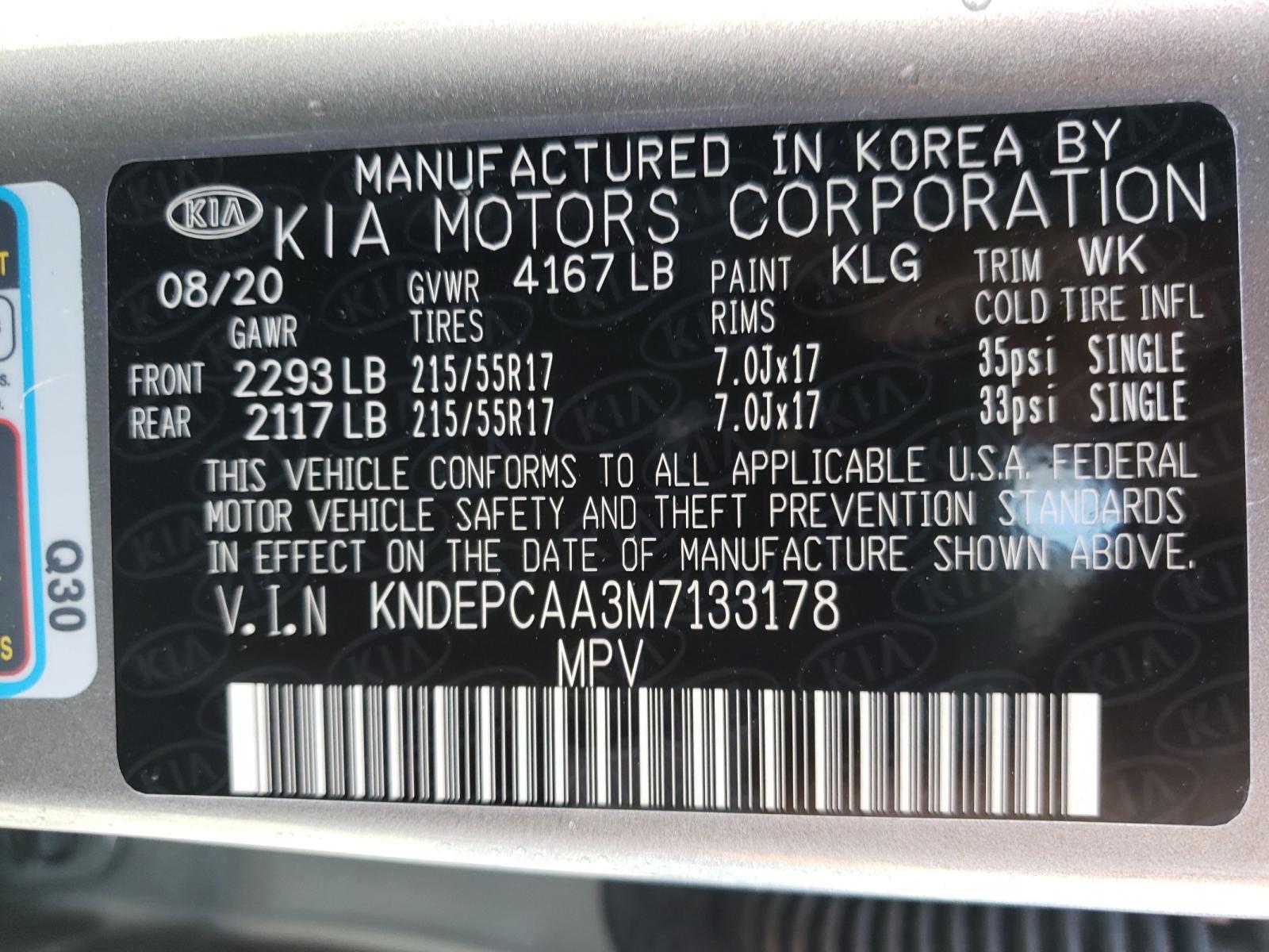 Photo 10 from auction – 2021 KIA SELTOS LX with VIN KNDEPCAA3M7133178