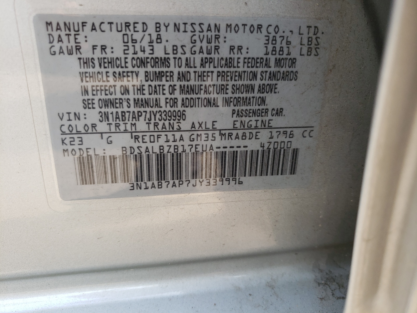 Photo 10 from auction – 2018 NISSAN SENTRA S with VIN 3N1AB7AP7JY339996