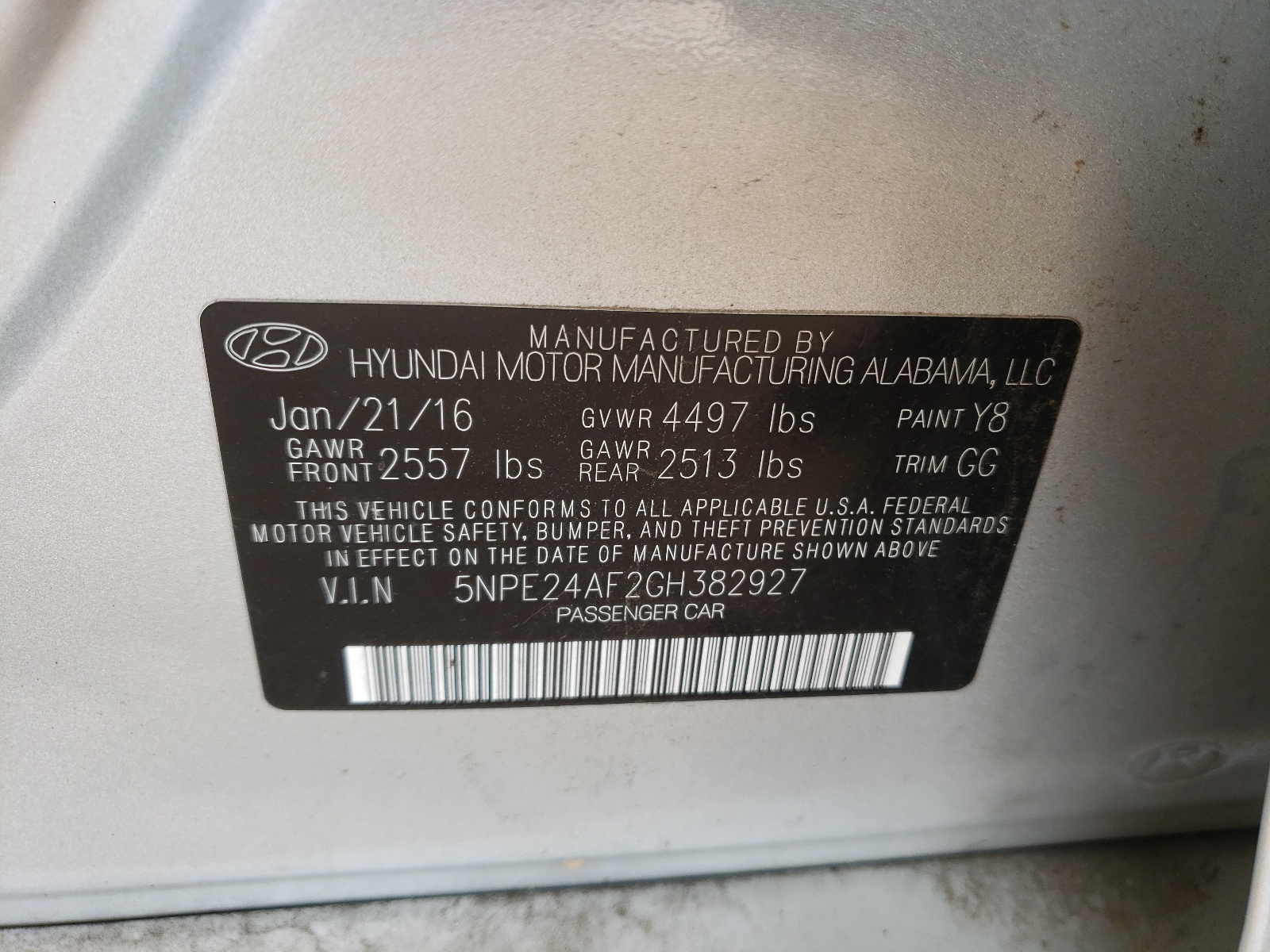 Photo 10 from auction – 2016 HYUNDAI SONATA SE with VIN 5NPE24AF2GH382927