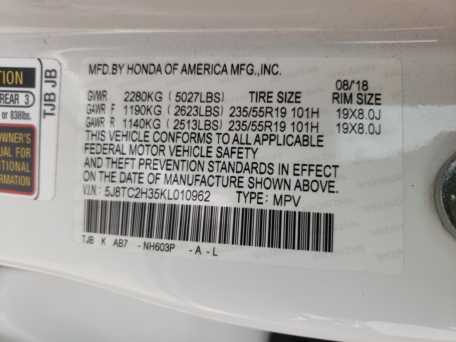 Photo 10 from auction – 2019 ACURA RDX with VIN 5J8TC2H35KL010962