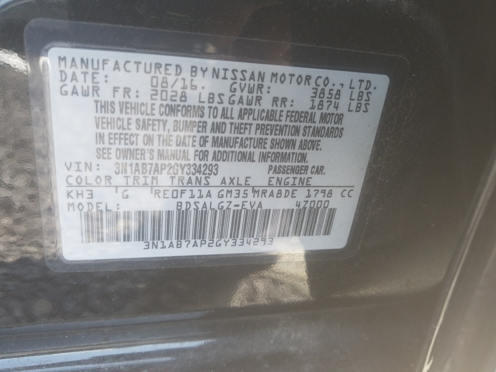 Photo 10 from auction – 2016 NISSAN SENTRA S with VIN 3N1AB7AP2GY334293