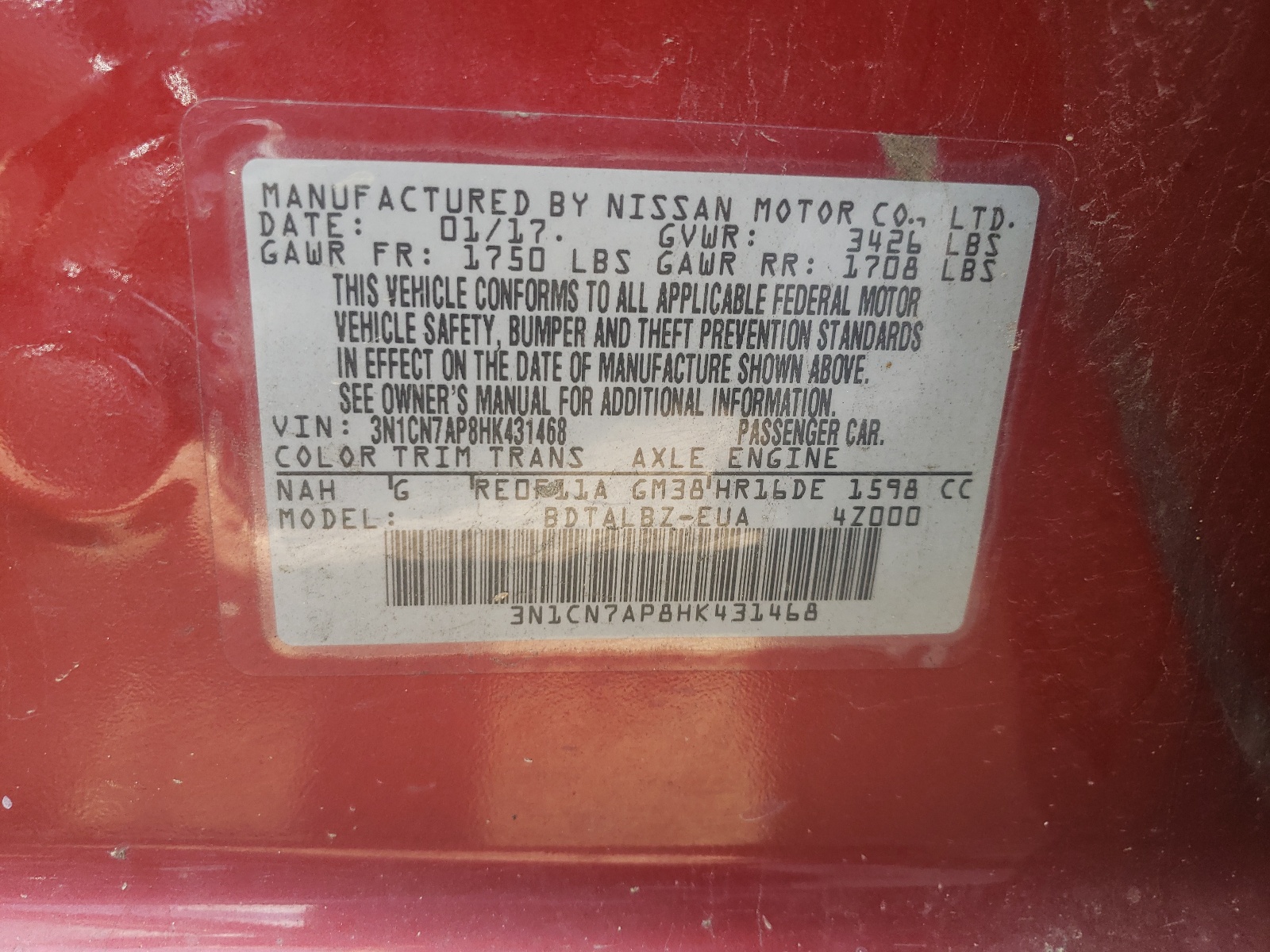 Photo 10 from auction – 2017 NISSAN VERSA S with VIN 3N1CN7AP8HK431468