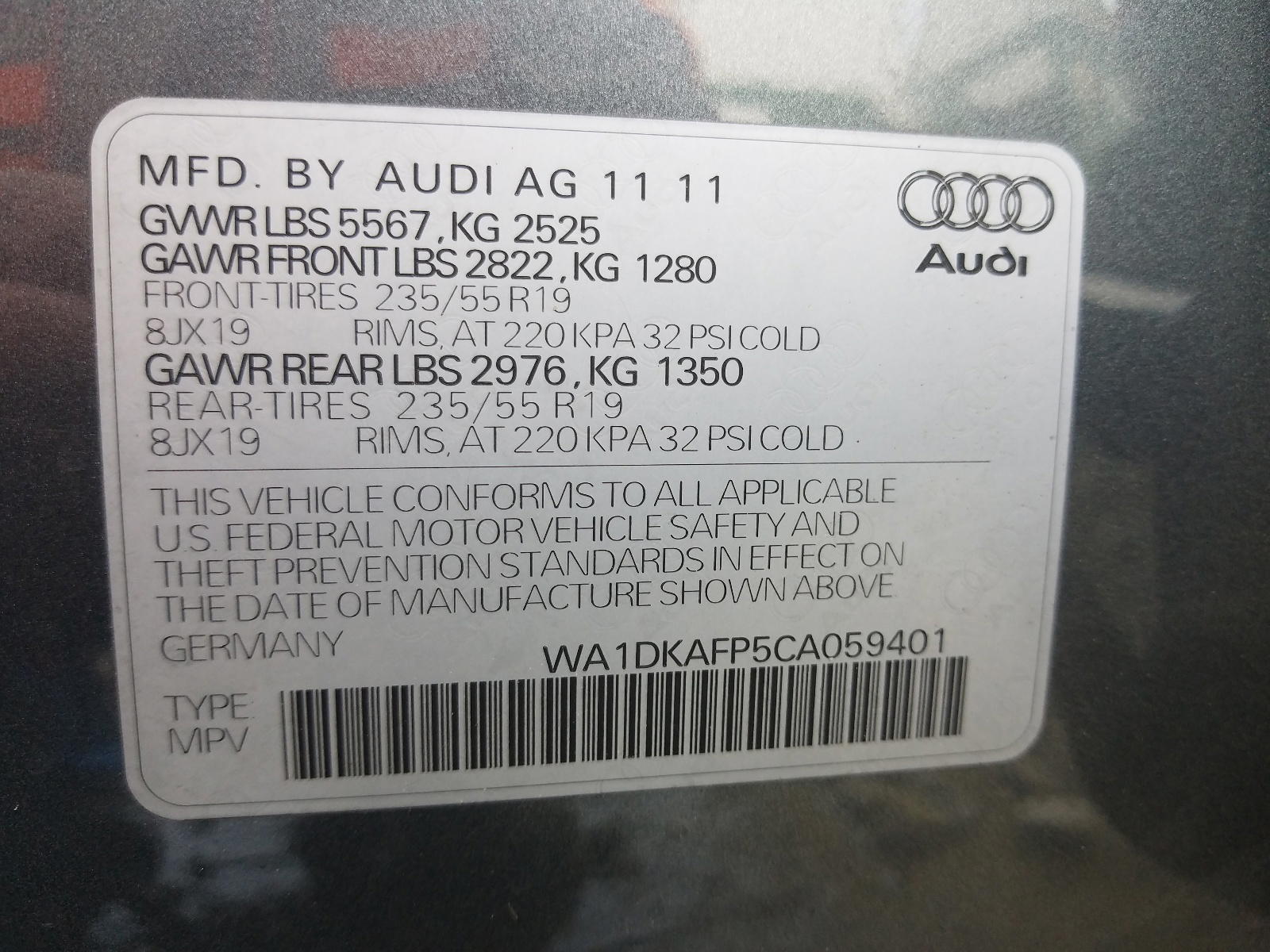 Photo 10 from auction – 2012 AUDI Q5 PREMIUM with VIN WA1DKAFP5CA059401