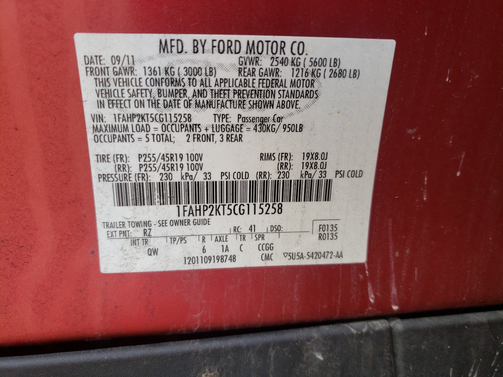 Photo 10 from auction – 2012 FORD TAURUS SHO with VIN 1FAHP2KT5CG115258