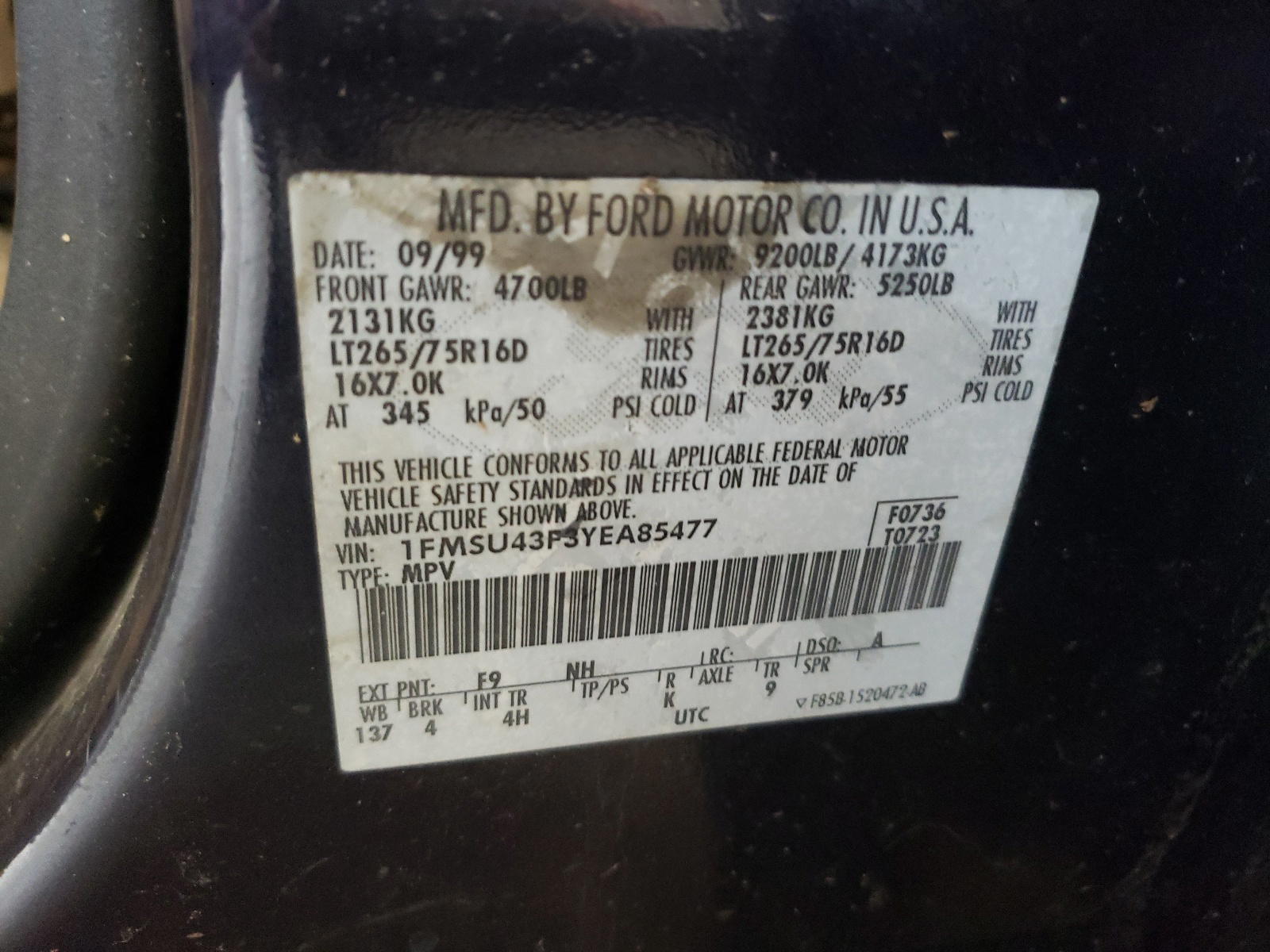 Photo 10 from auction – 2000 FORD EXCURSION with VIN 1FMSU43F3YEA85477