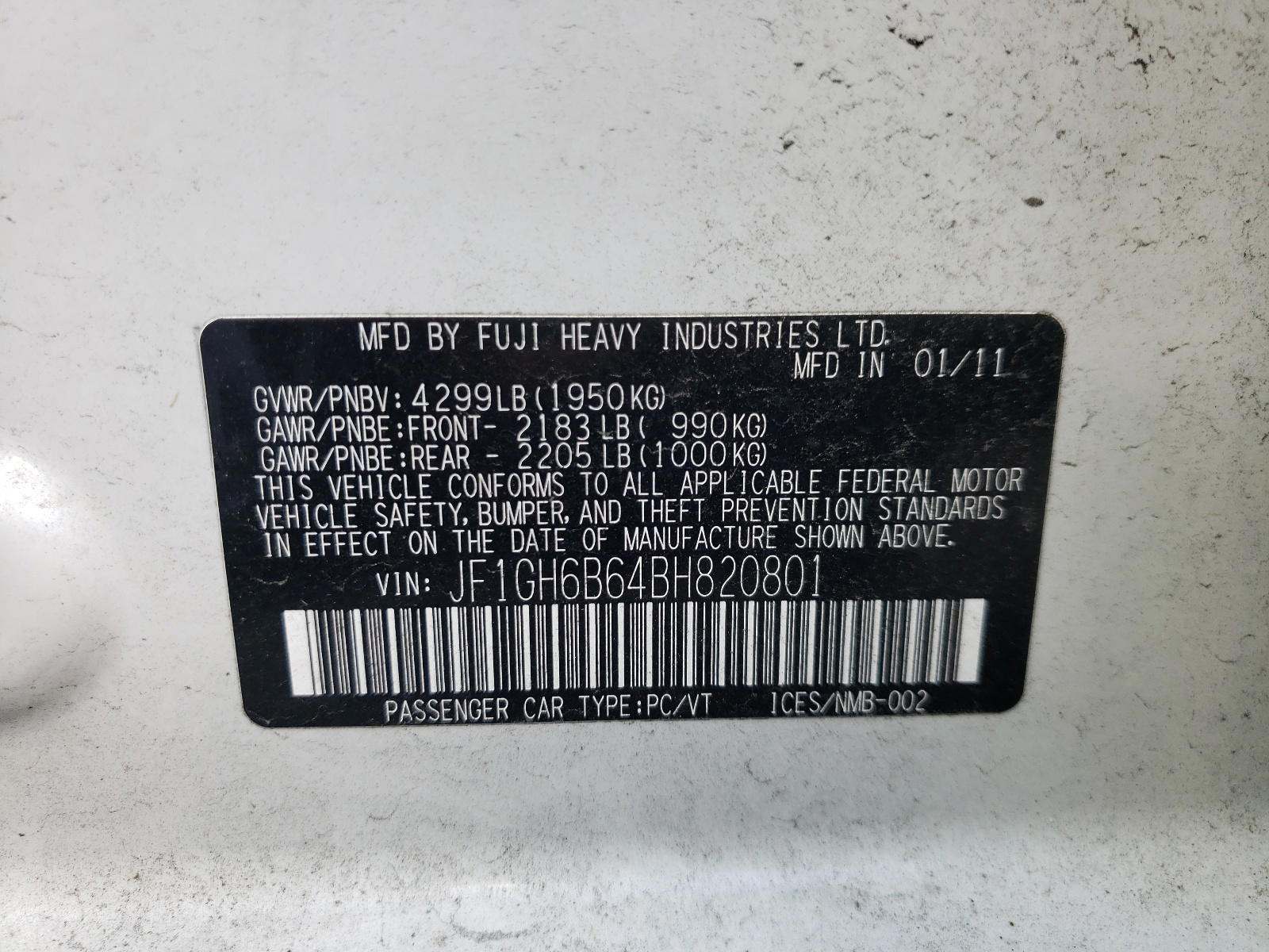 Photo 10 from auction – 2011 SUBARU IMPREZA 2. with VIN JF1GH6B64BH820801