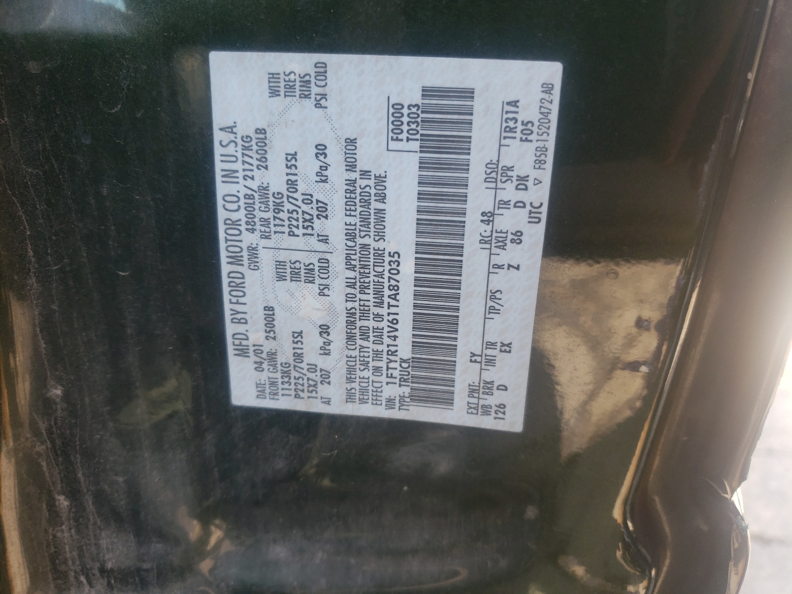 Photo 10 from auction – 2001 FORD RANGER SUP with VIN 1FTYR14V61TA87035