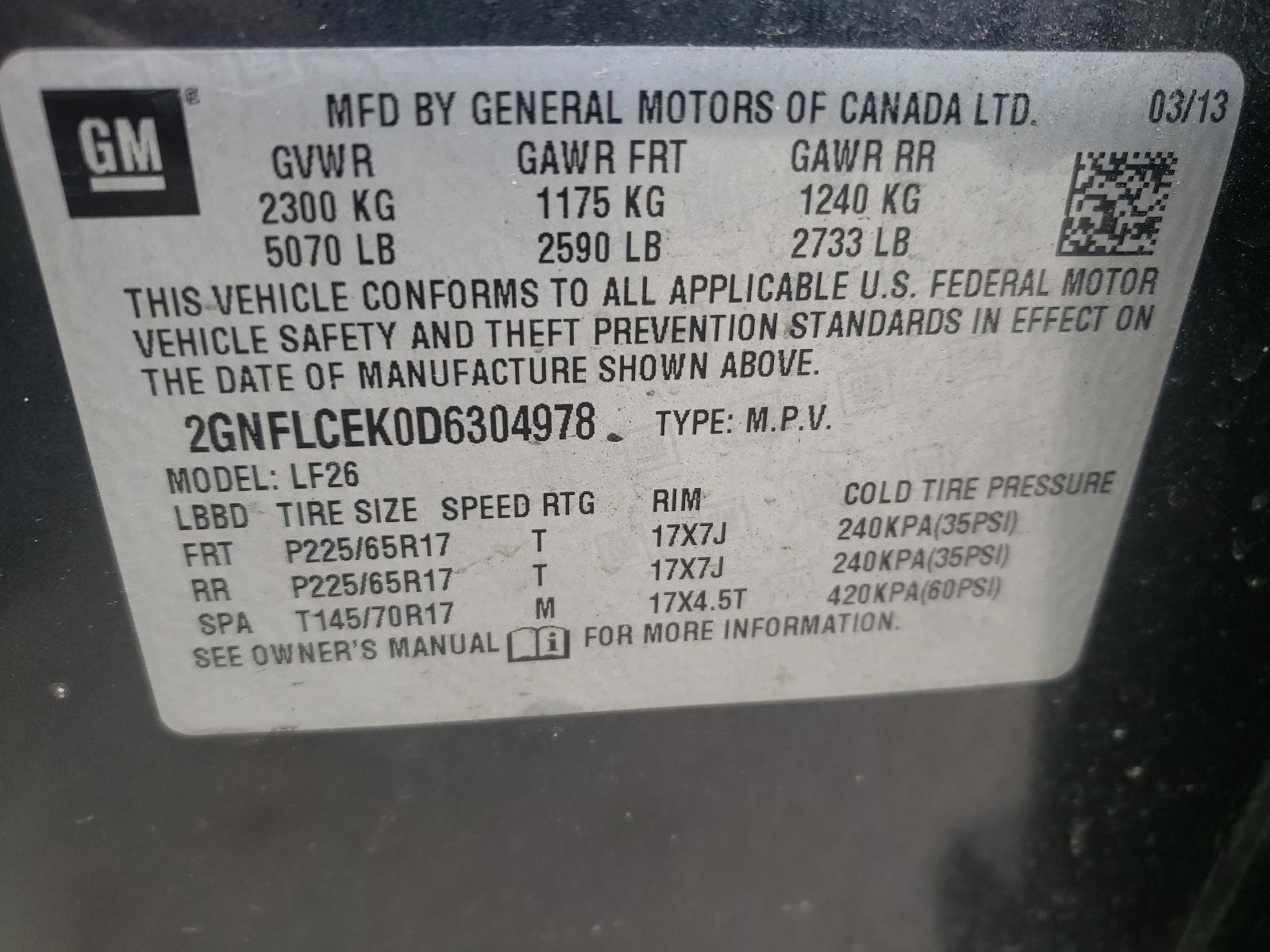 Photo 10 from auction – 2013 CHEVROLET EQUINOX LS with VIN 2GNFLCEK0D6304978