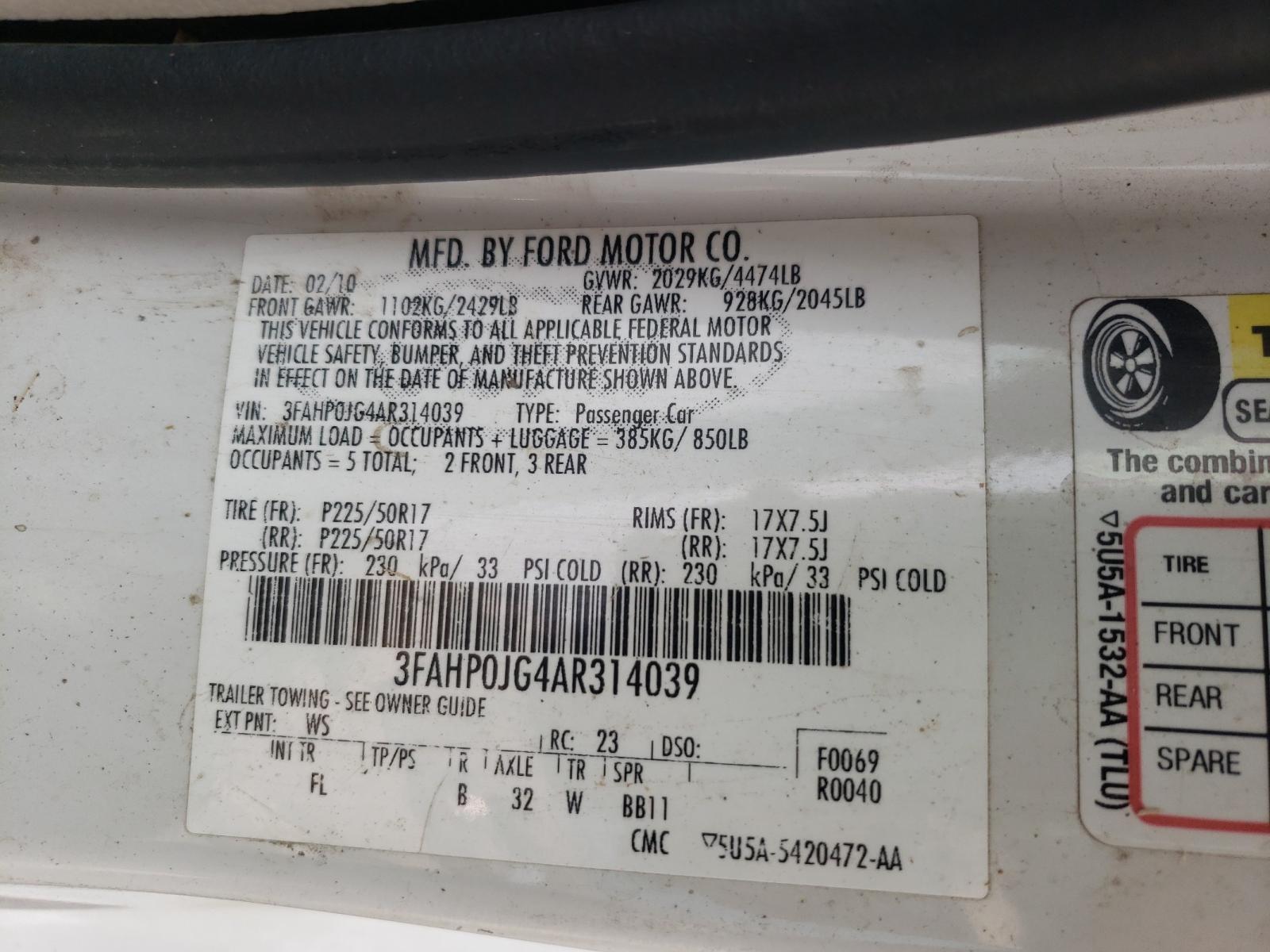 Photo 10 from auction – 2010 FORD FUSION SEL with VIN 3FAHP0JG4AR314039