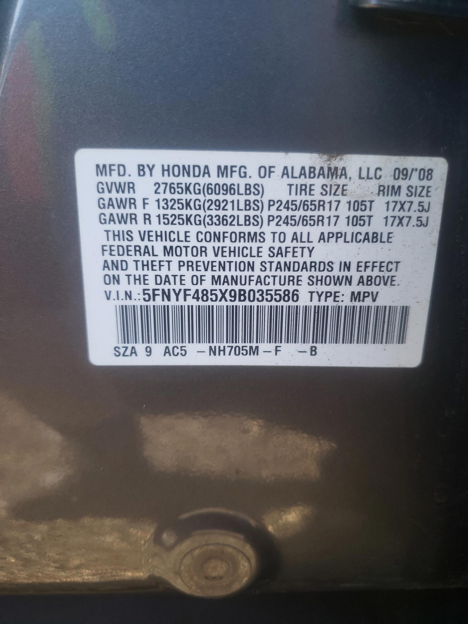 Photo 10 from auction – 2009 HONDA PILOT EXL with VIN 5FNYF485X9B035586