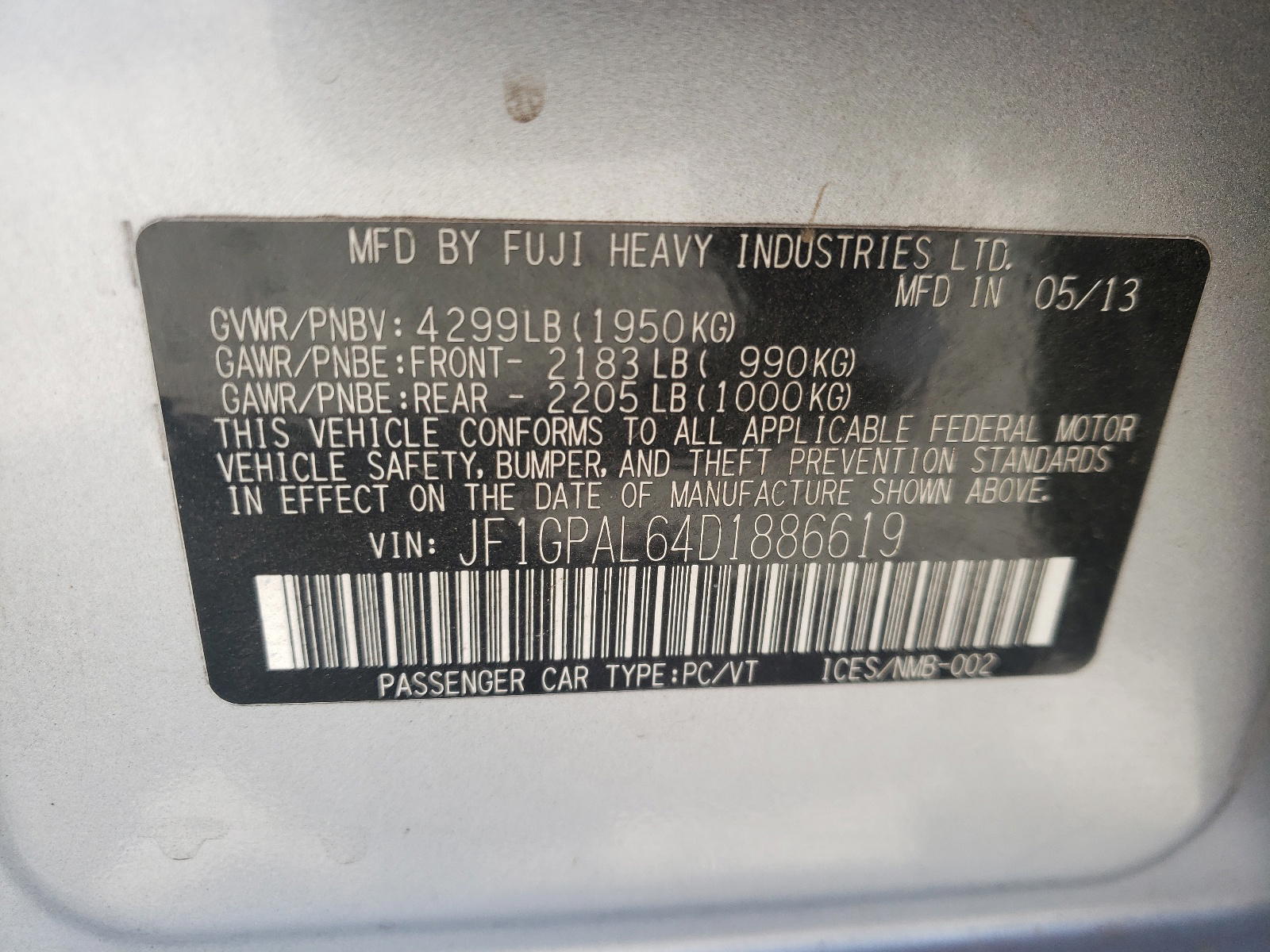 Photo 10 from auction – 2013 SUBARU IMPREZA SP with VIN JF1GPAL64D1886619
