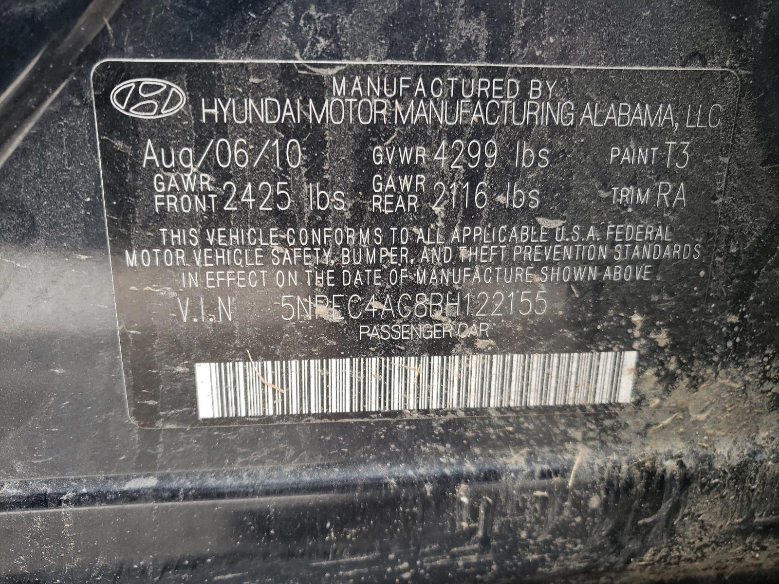 Photo 10 from auction – 2011 HYUNDAI SONATA SE with VIN 5NPEC4AC8BH122155