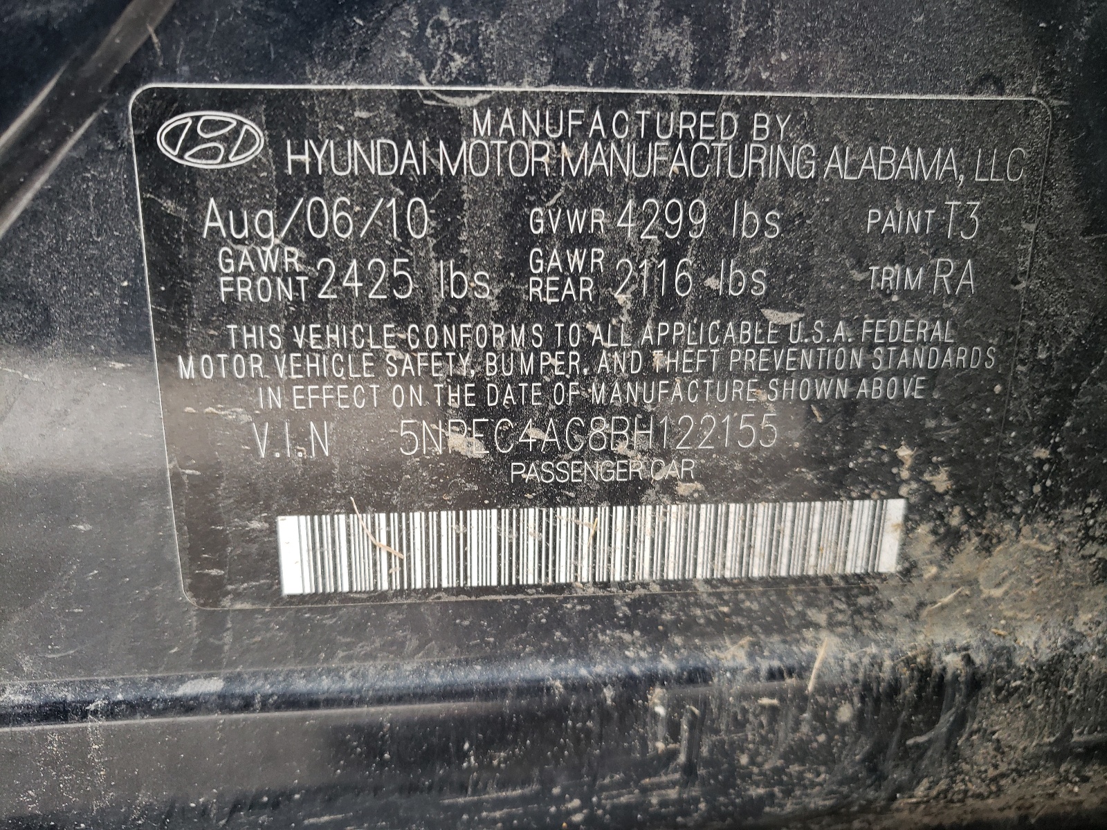 صورة رقم 10 من المزاد - 2011 HYUNDAI SONATA SE مع VIN 5NPEC4AC8BH122155