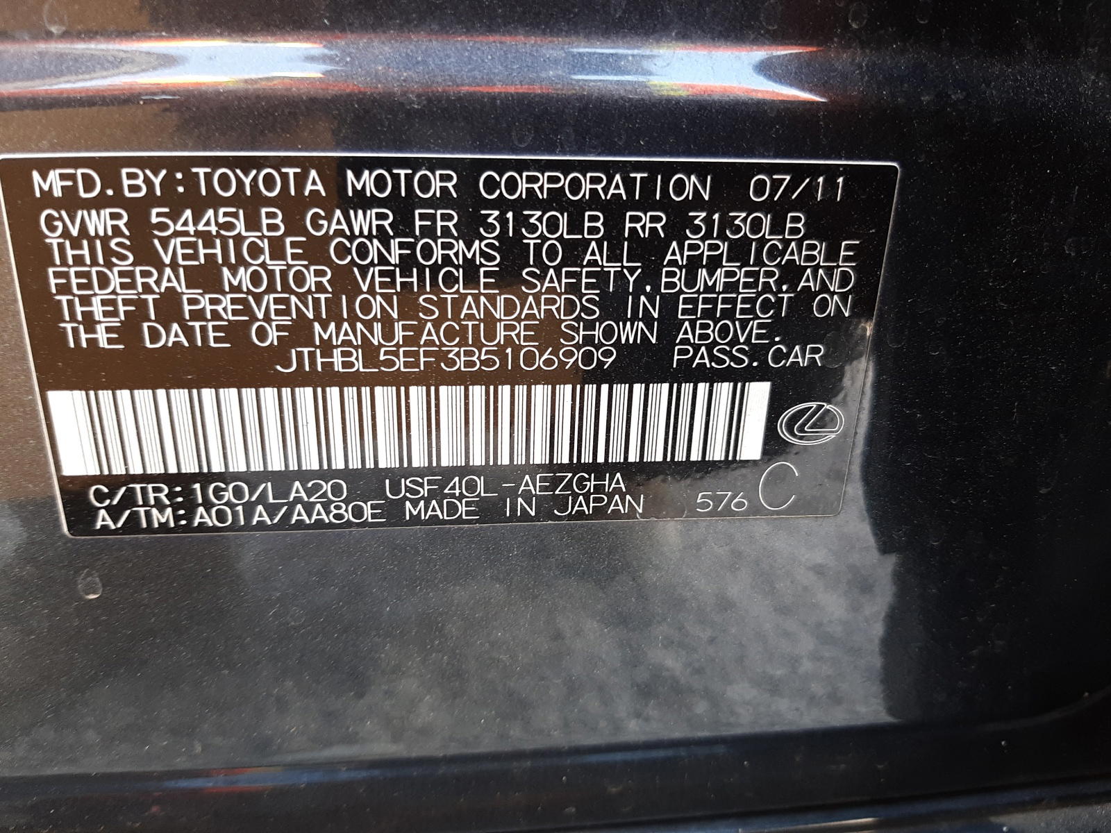 Photo 10 from auction – 2011 LEXUS LS 460 with VIN JTHBL5EF3B5106909