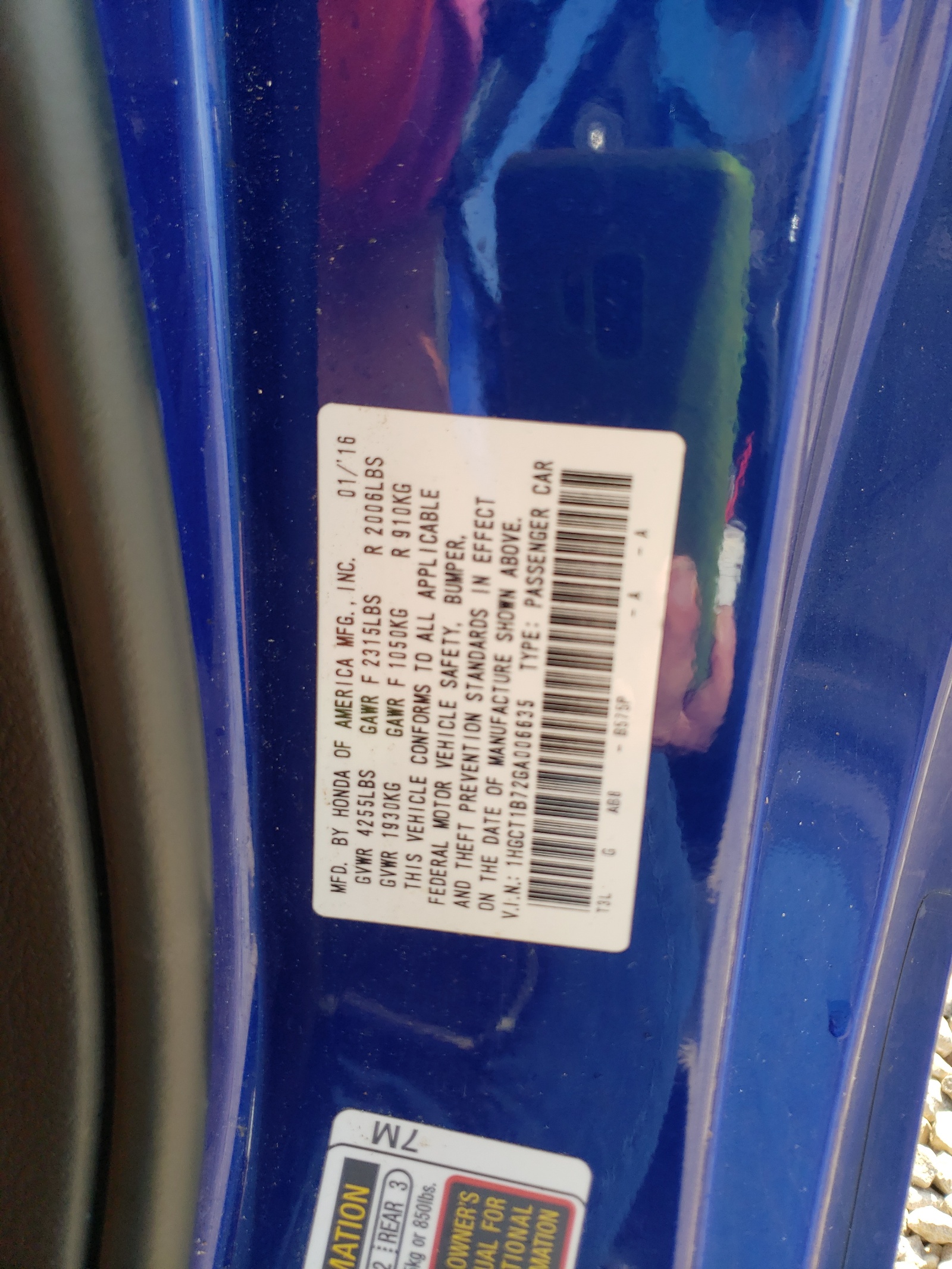 Photo 10 from auction – 2016 HONDA ACCORD EX with VIN 1HGCT1B72GA006635
