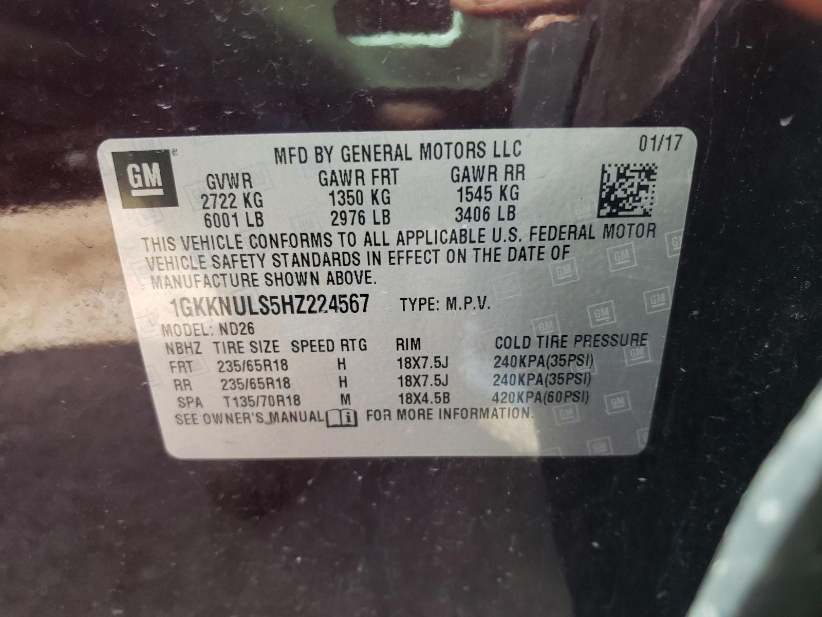 Photo 10 from auction – 2017 GMC ACADIA SLT with VIN 1GKKNULS5HZ224567