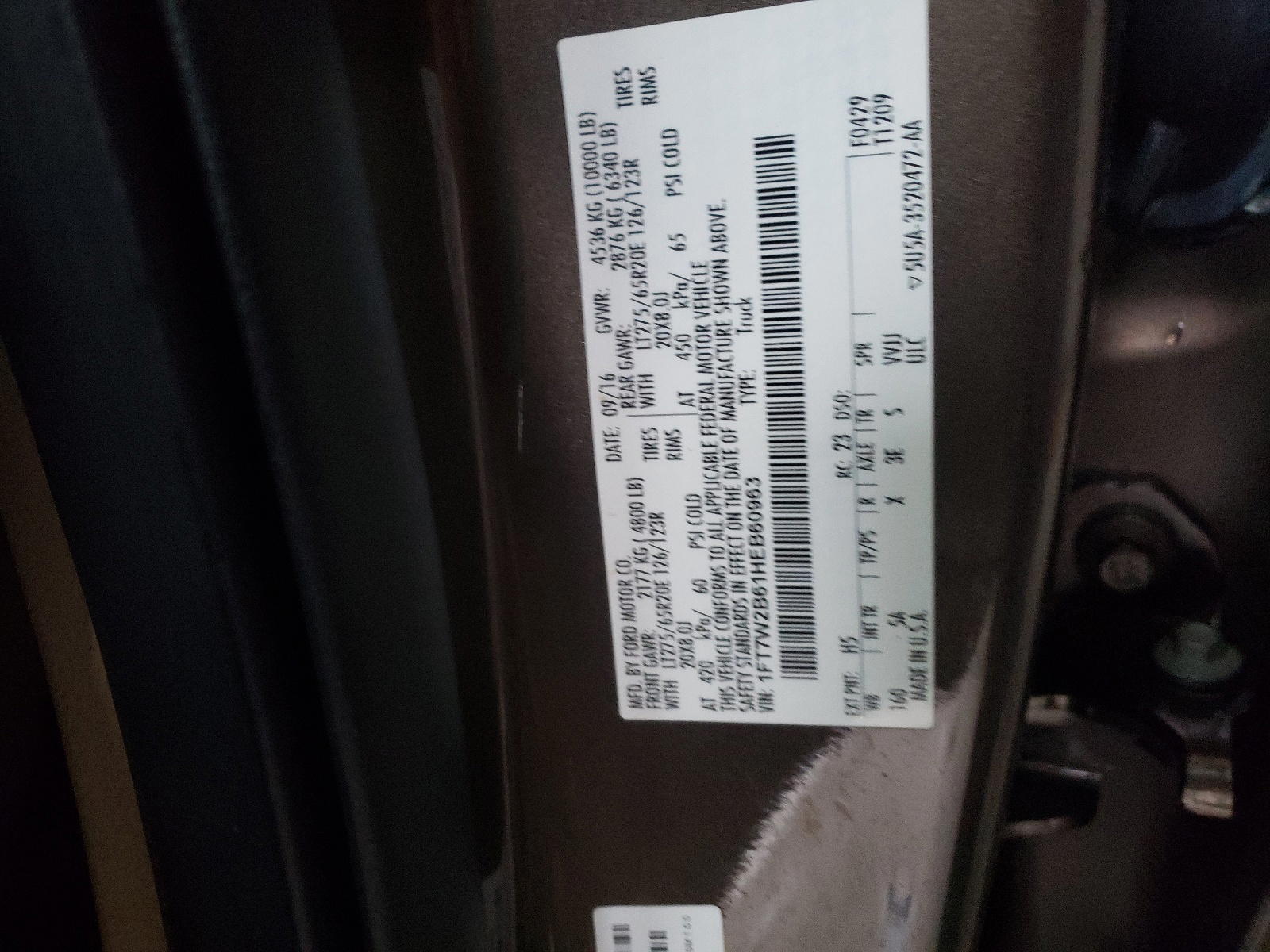 Photo 10 from auction – 2017 FORD F250 SUPER with VIN 1FT7W2B61HEB60963