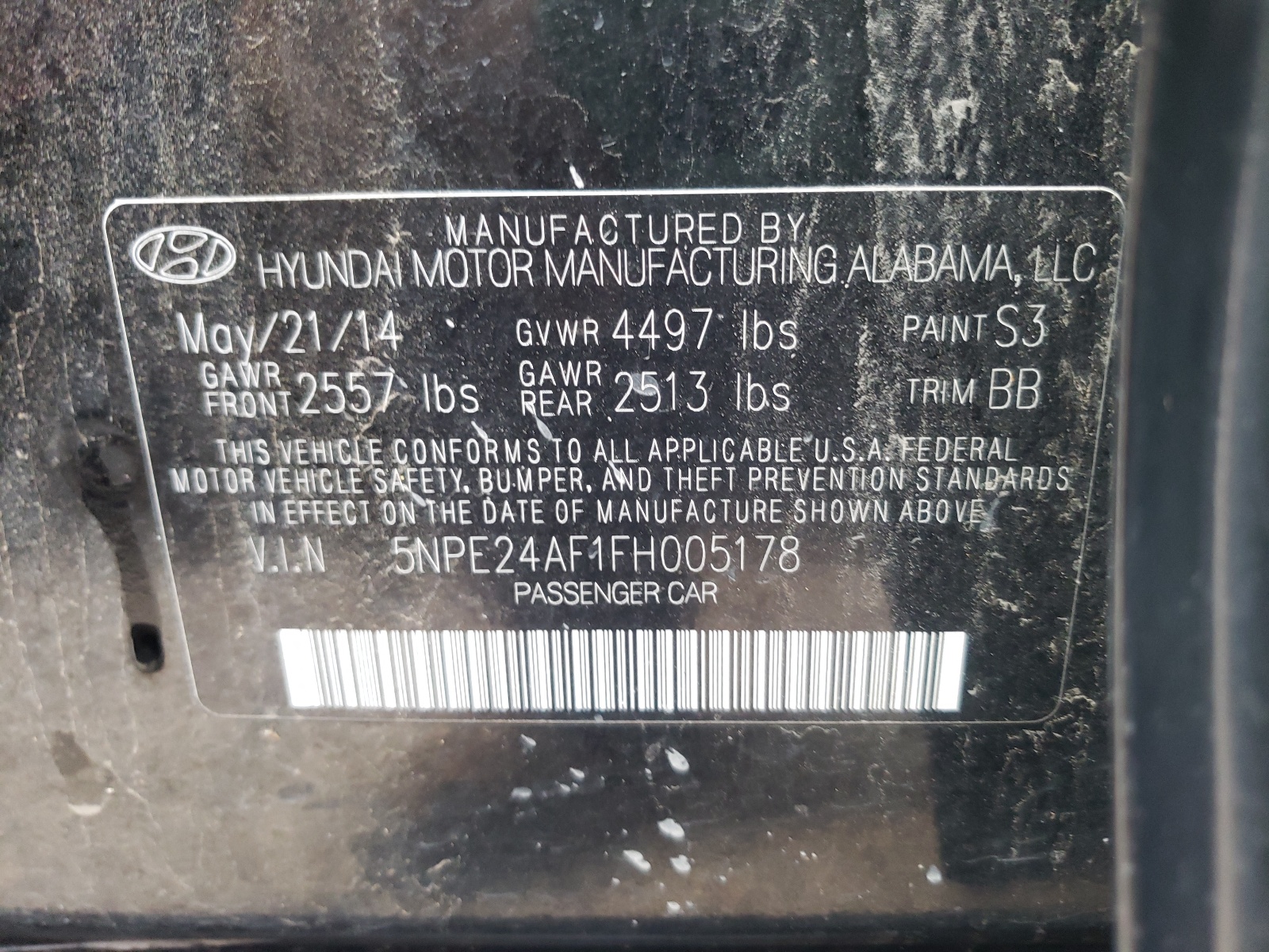 Photo 10 from auction – 2015 HYUNDAI SONATA SE with VIN 5NPE24AF1FH005178