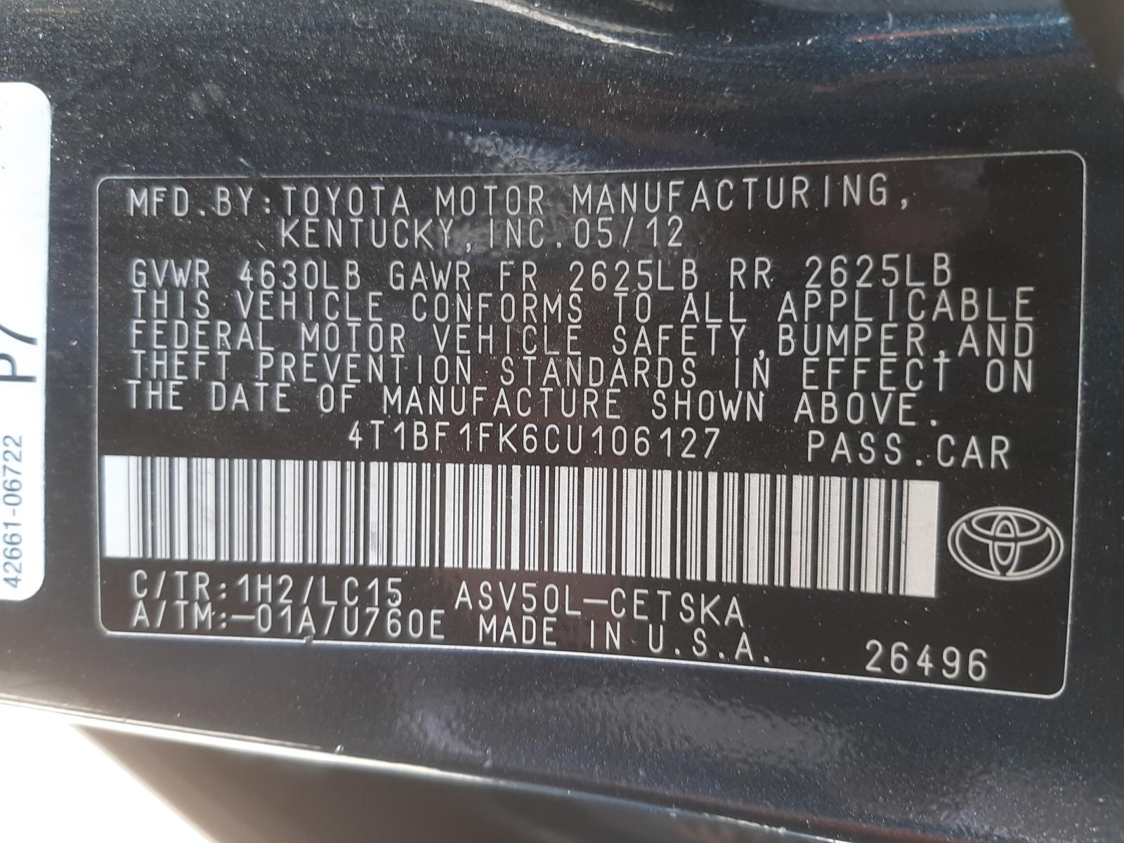 Photo 10 from auction – 2012 TOYOTA CAMRY BASE with VIN 4T1BF1FK6CU106127