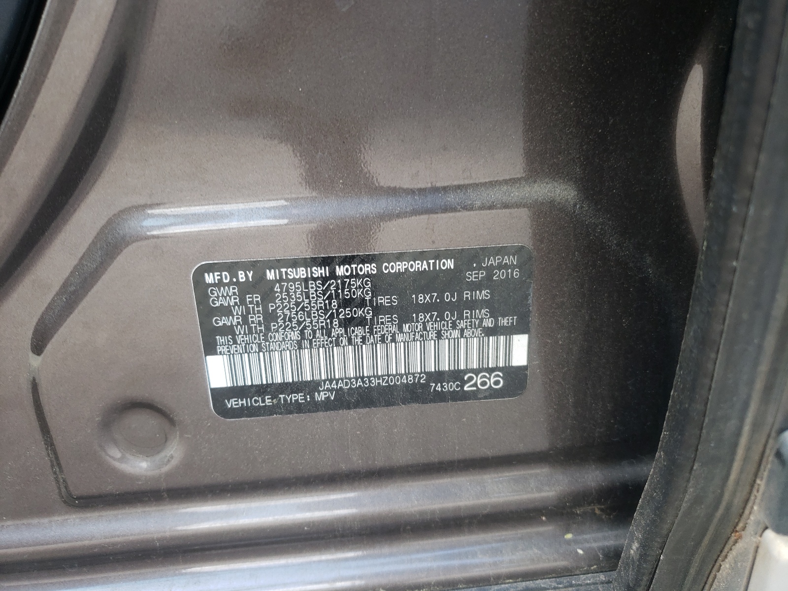 Zdjęcie 10 z aukcji – 2017 MITSUBISHI OUTLANDER z VIN JA4AD3A33HZ004872