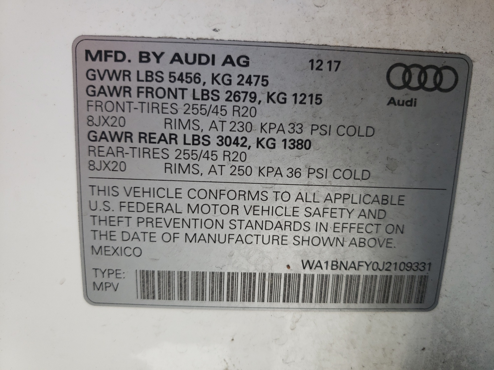 Photo 10 from auction – 2018 AUDI Q5 PREMIUM with VIN WA1BNAFY0J2109331
