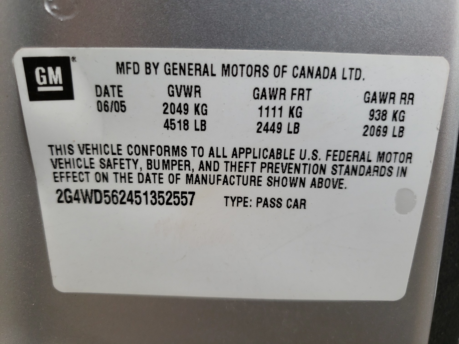 Photo 10 from auction – 2005 BUICK LACROSSE C with VIN 2G4WD562451352557