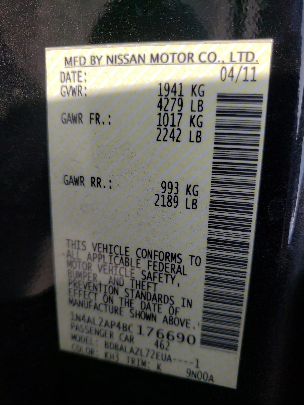 Photo 10 from auction – 2011 NISSAN ALTIMA BAS with VIN 1N4AL2AP4BC176690