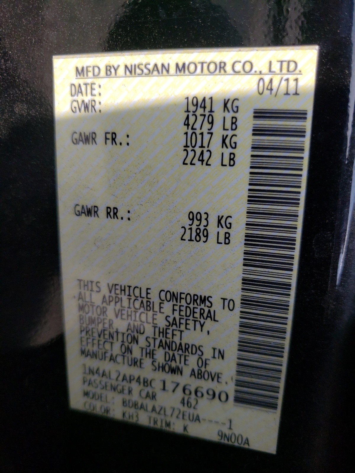 Фото 10 с аукциона – 2011 NISSAN ALTIMA BAS с VIN 1N4AL2AP4BC176690