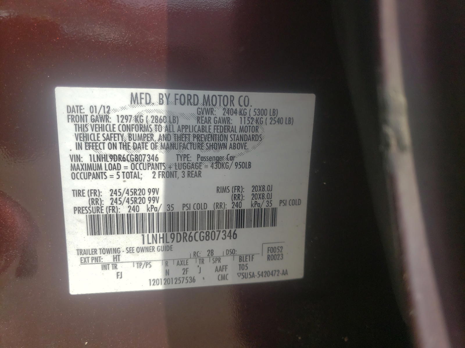 Photo 10 from auction – 2012 LINCOLN MKS with VIN 1LNHL9DR6CG807346