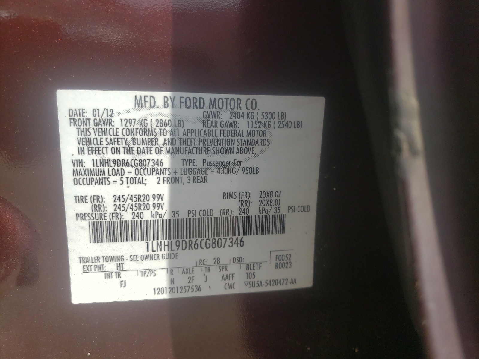 Zdjęcie 10 z aukcji – 2012 LINCOLN MKS z VIN 1LNHL9DR6CG807346
