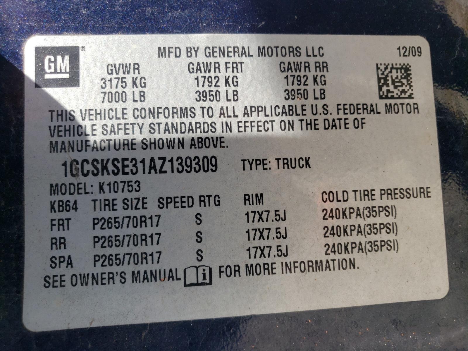 Photo 10 from auction – 2010 CHEVROLET SILVERADO with VIN 1GCSKSE31AZ139309