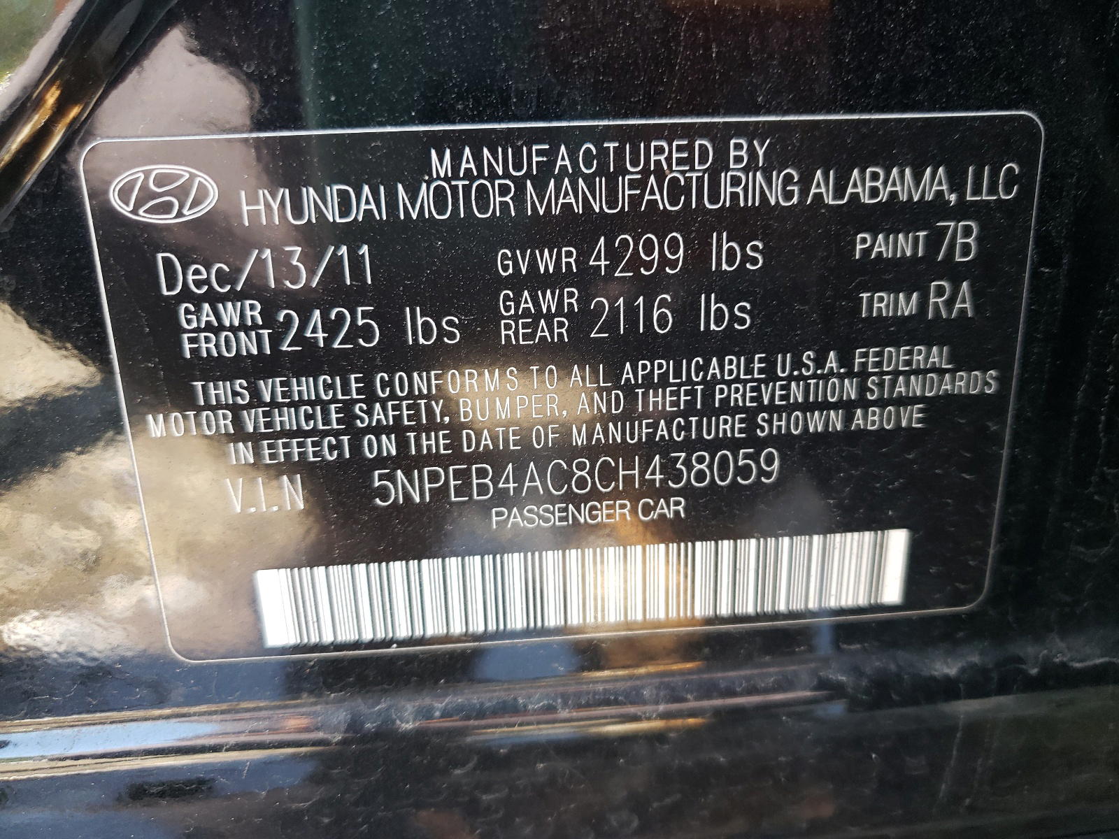 Photo 10 from auction – 2012 HYUNDAI SONATA GLS with VIN 5NPEB4AC8CH438059